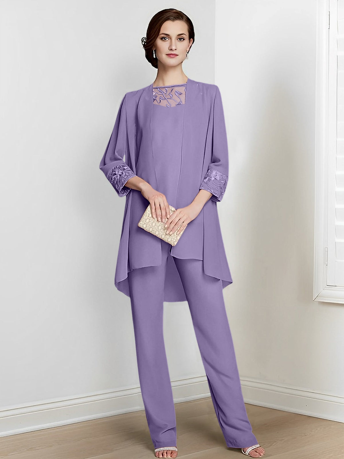 Floor Length Chiffon Pantsuit With Square Neck And Jacket For Mother Of The Bride