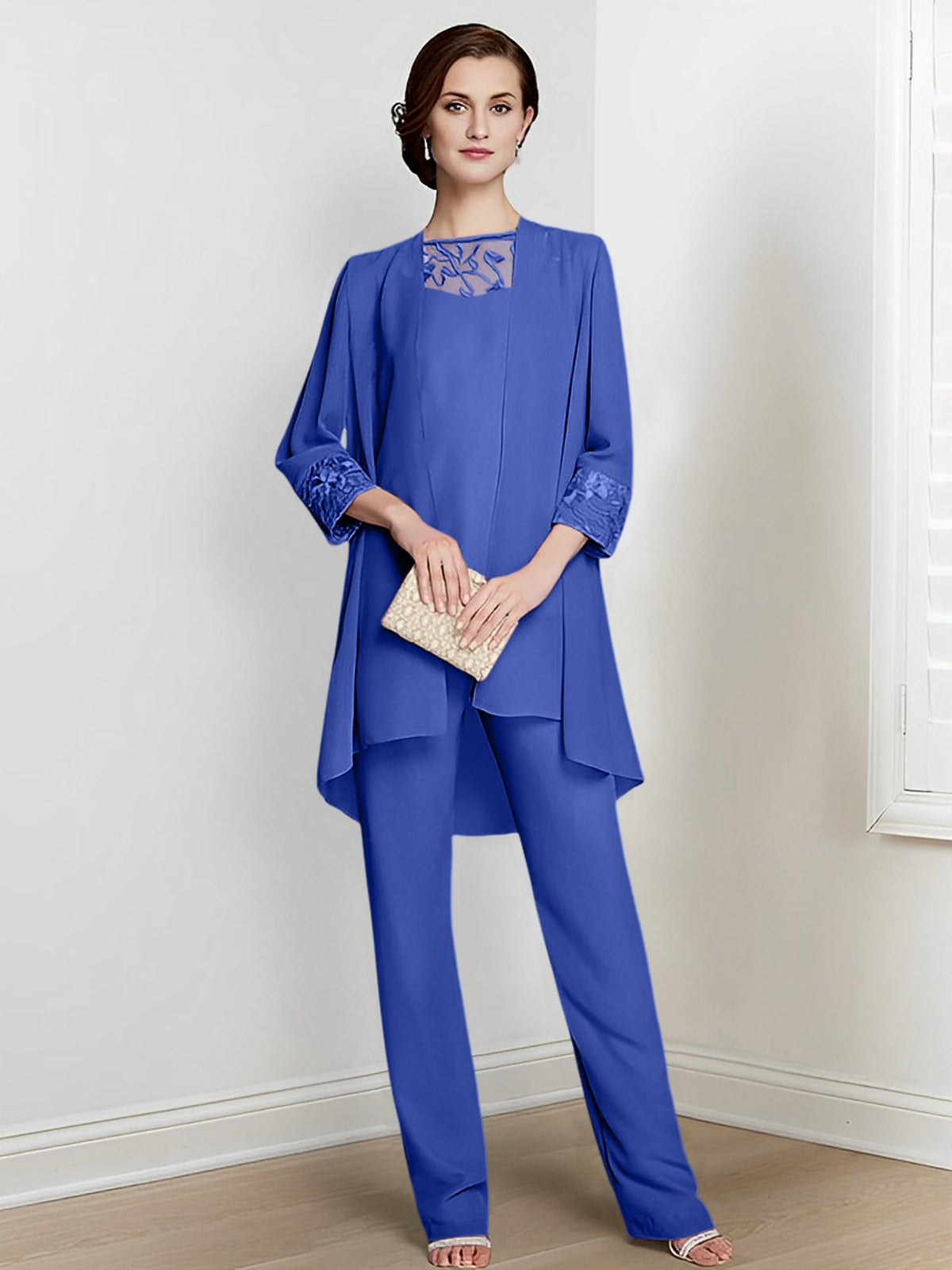 Floor Length Chiffon Pantsuit With Square Neck And Jacket For Mother Of The Bride