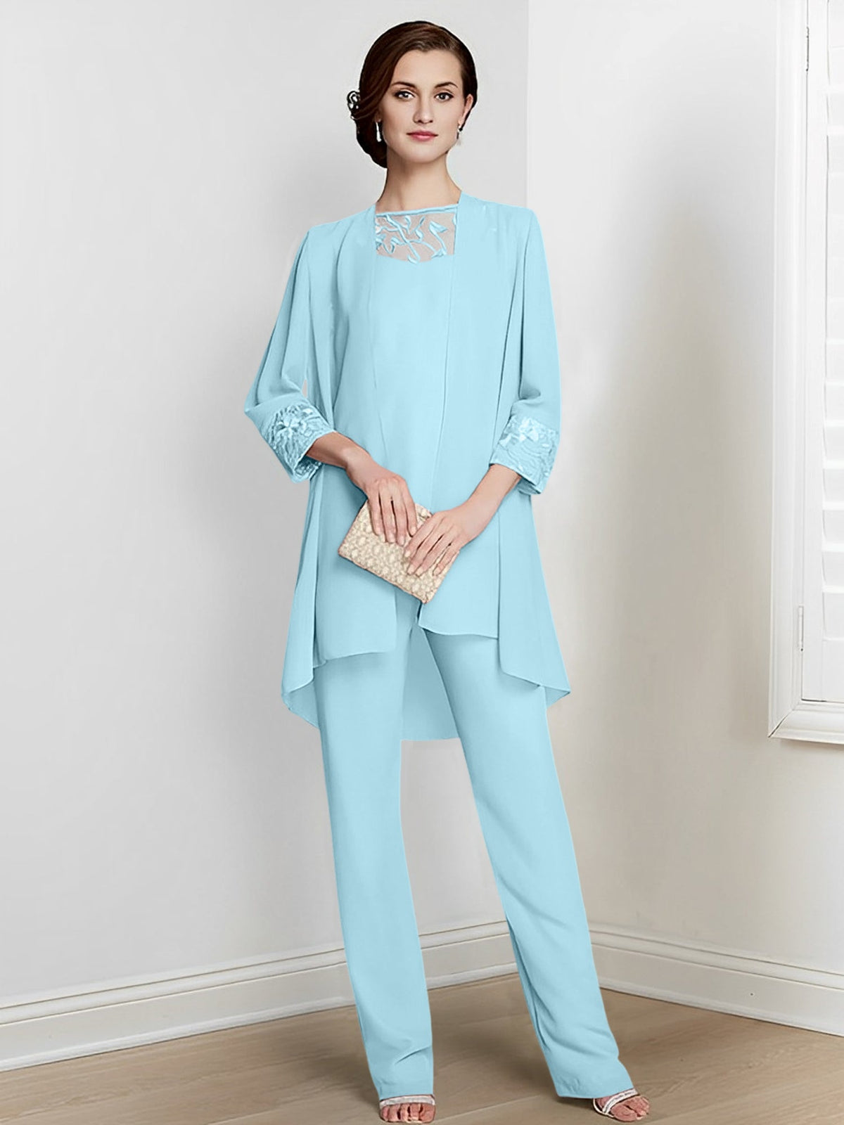 Floor Length Chiffon Pantsuit With Square Neck And Jacket For Mother Of The Bride