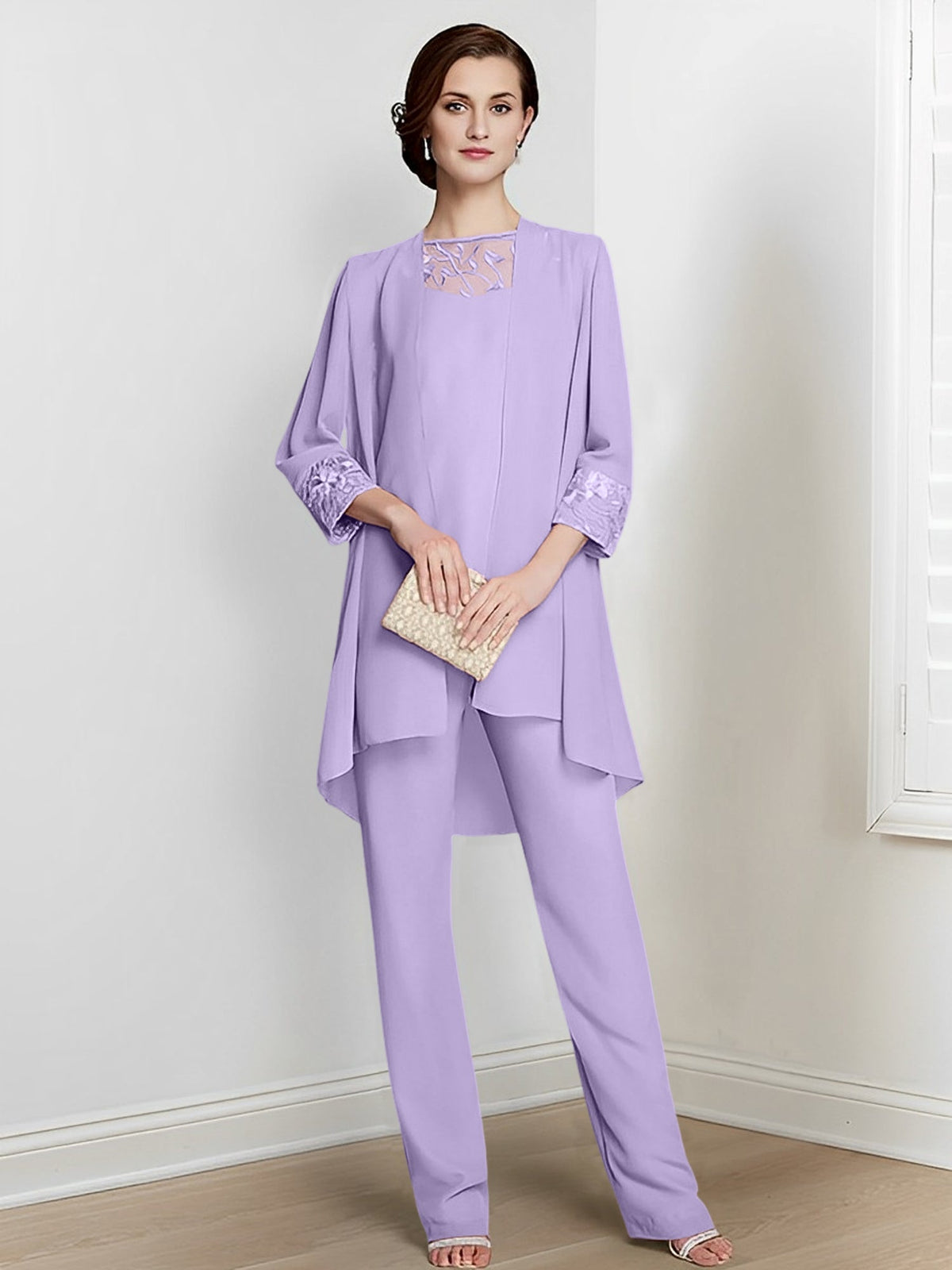 Floor Length Chiffon Pantsuit With Square Neck And Jacket For Mother Of The Bride
