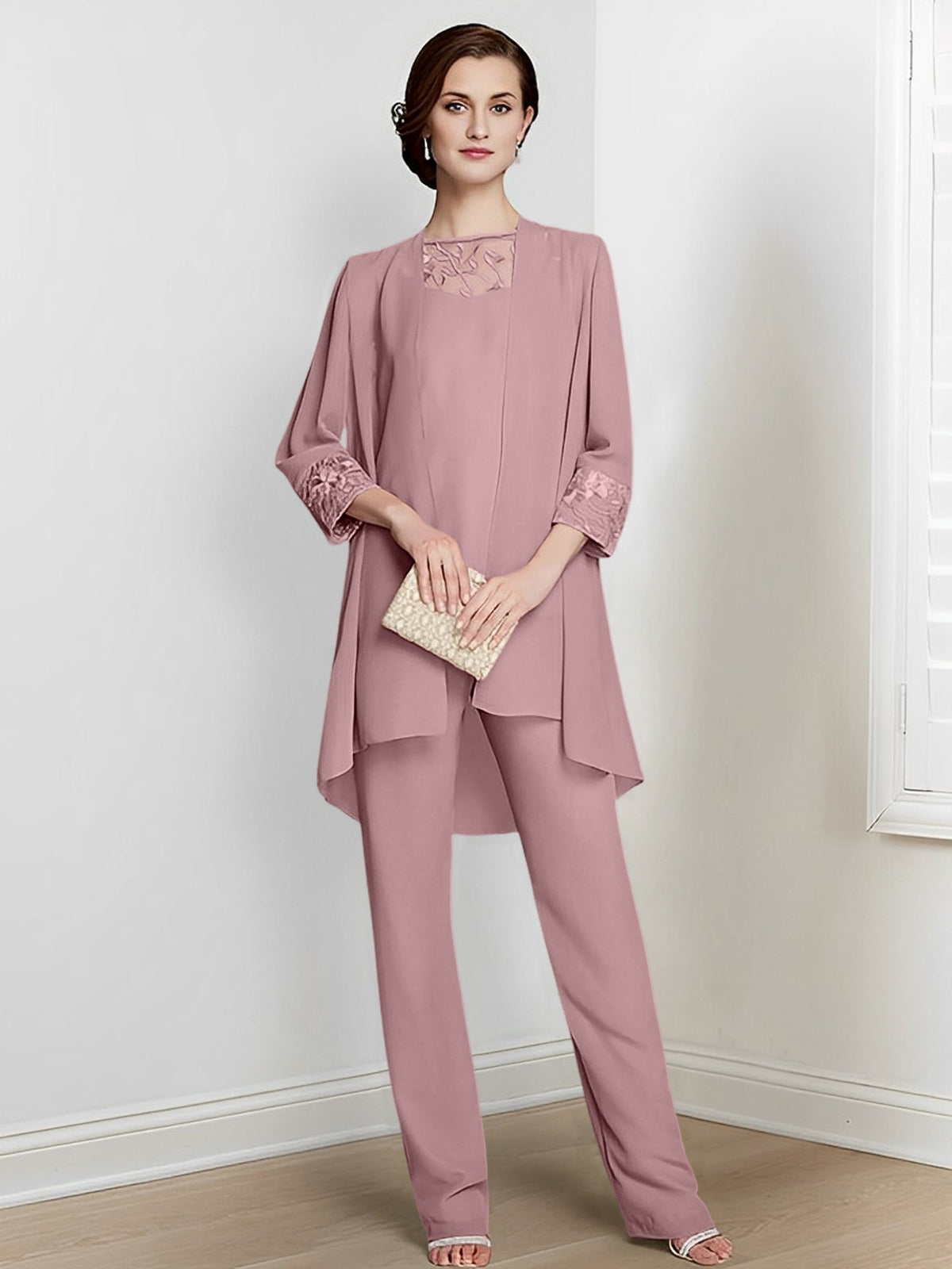 Floor Length Chiffon Pantsuit With Square Neck And Jacket For Mother Of The Bride