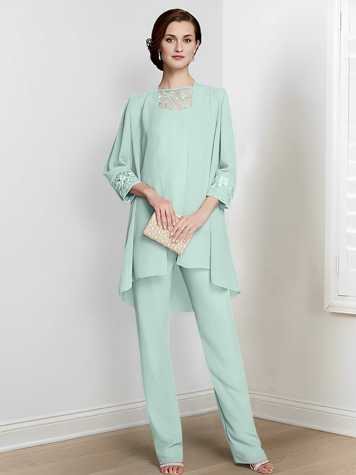 Floor Length Chiffon Pantsuit With Square Neck And Jacket For Mother Of The Bride