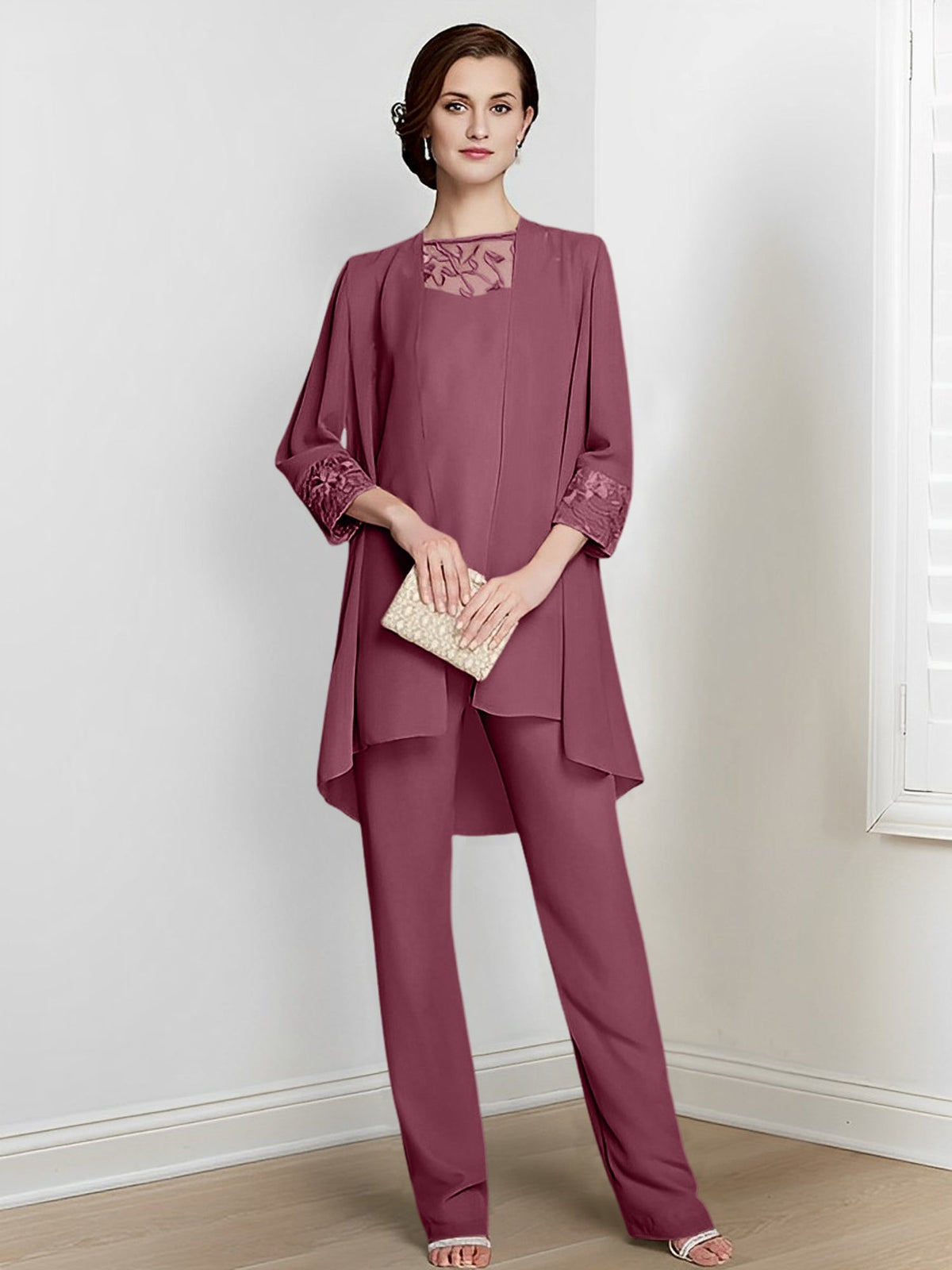 Floor Length Chiffon Pantsuit With Square Neck And Jacket For Mother Of The Bride