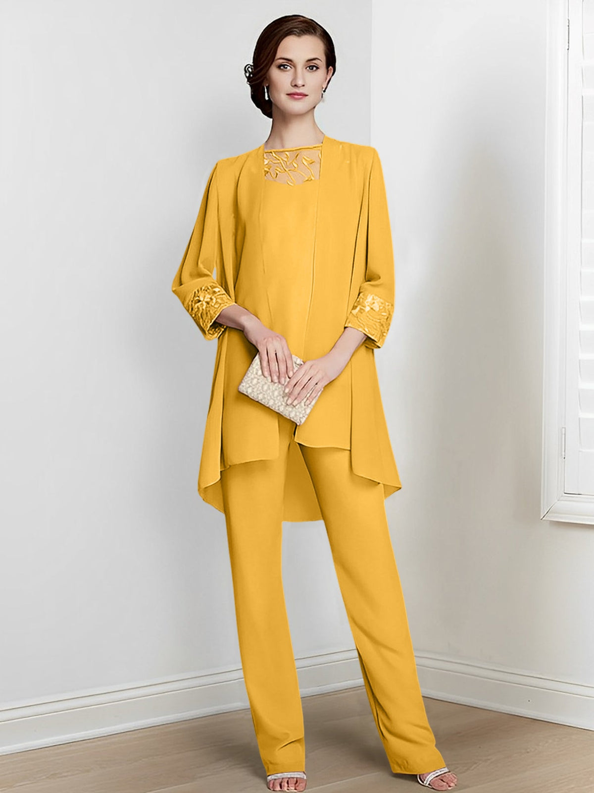 Floor Length Chiffon Pantsuit With Square Neck And Jacket For Mother Of The Bride