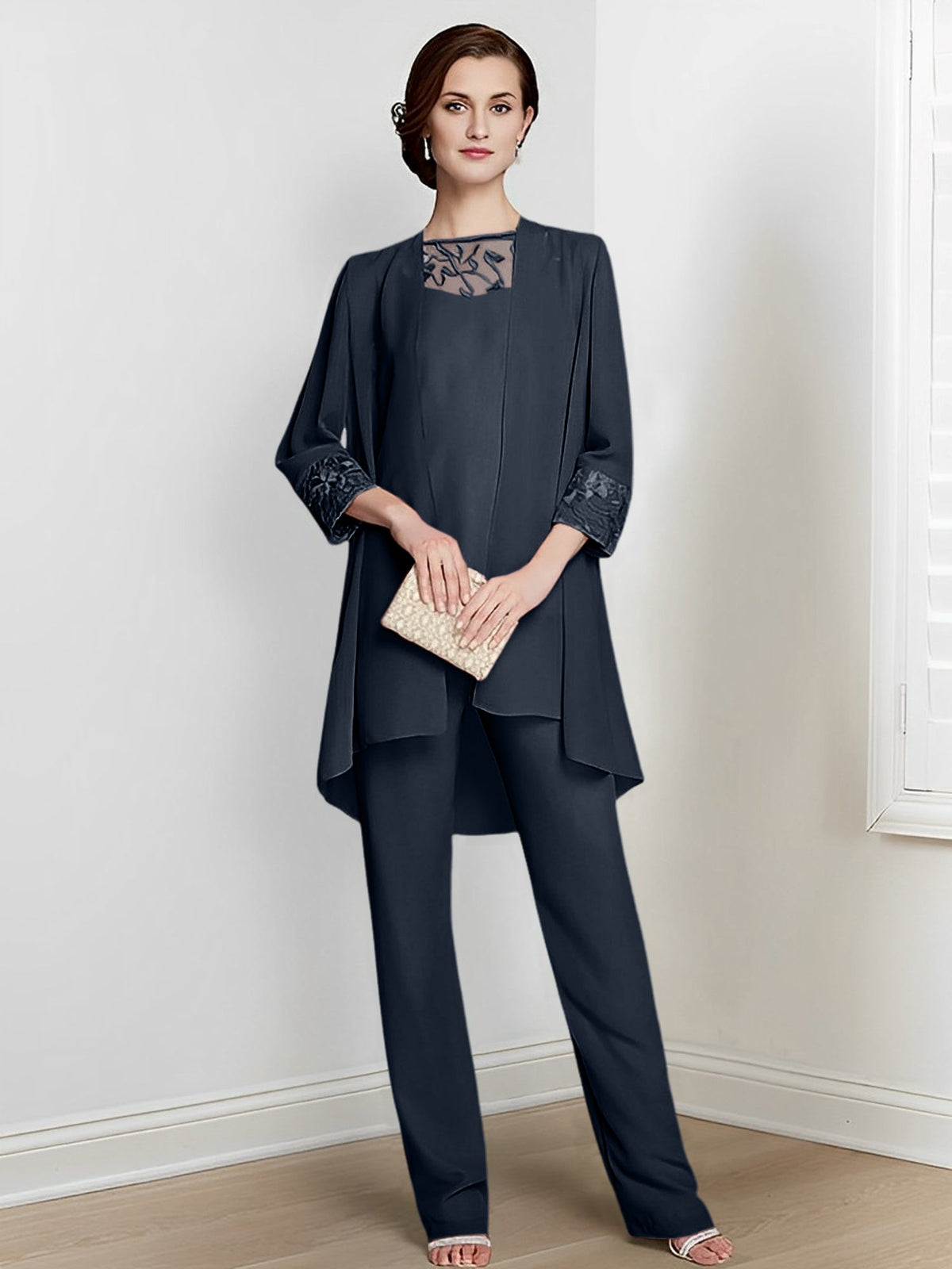 Floor Length Chiffon Pantsuit With Square Neck And Jacket For Mother Of The Bride
