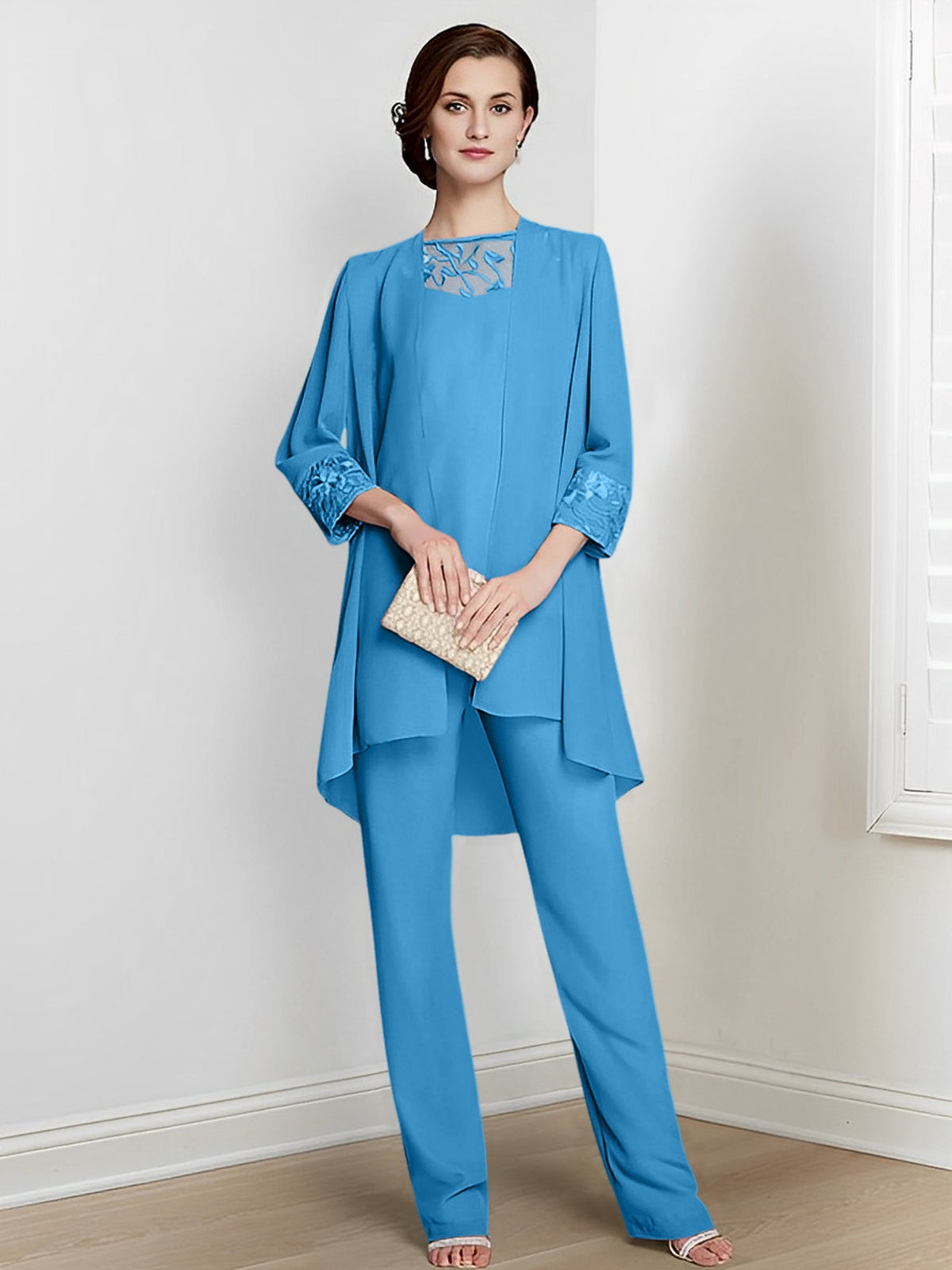 Floor Length Chiffon Pantsuit With Square Neck And Jacket For Mother Of The Bride