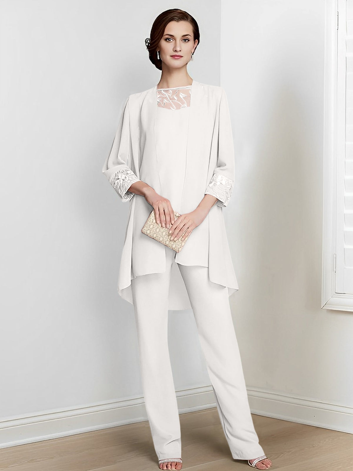 Floor Length Chiffon Pantsuit With Square Neck And Jacket For Mother Of The Bride