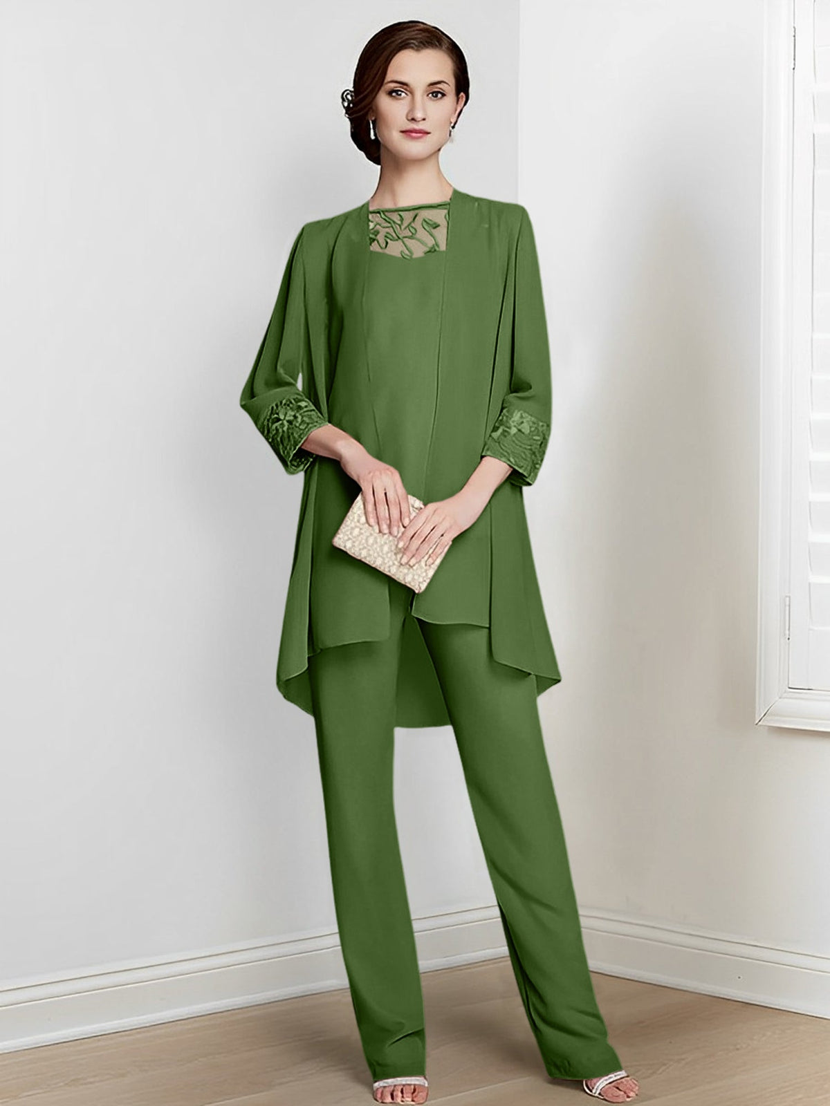 Floor Length Chiffon Pantsuit With Square Neck And Jacket For Mother Of The Bride