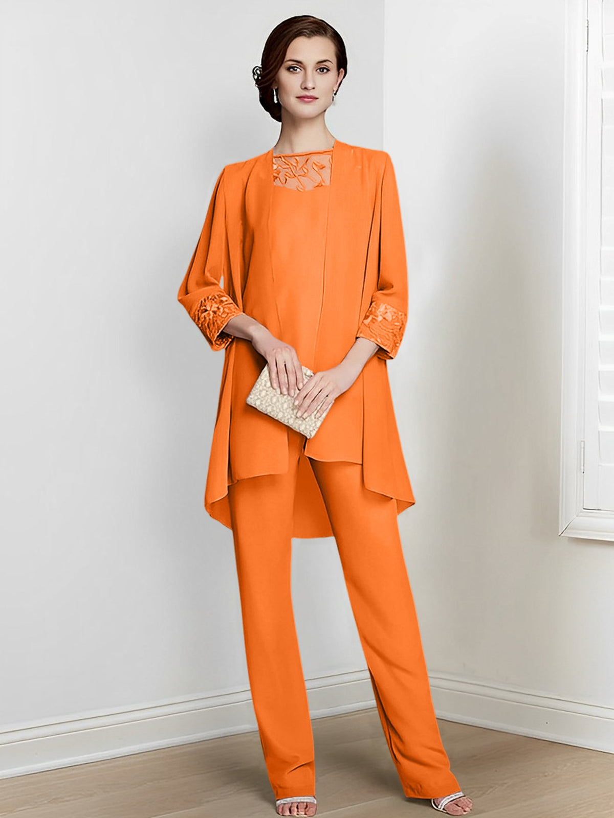 Floor Length Chiffon Pantsuit With Square Neck And Jacket For Mother Of The Bride
