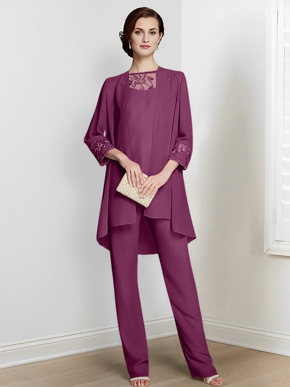 Floor Length Chiffon Pantsuit With Square Neck And Jacket For Mother Of The Bride