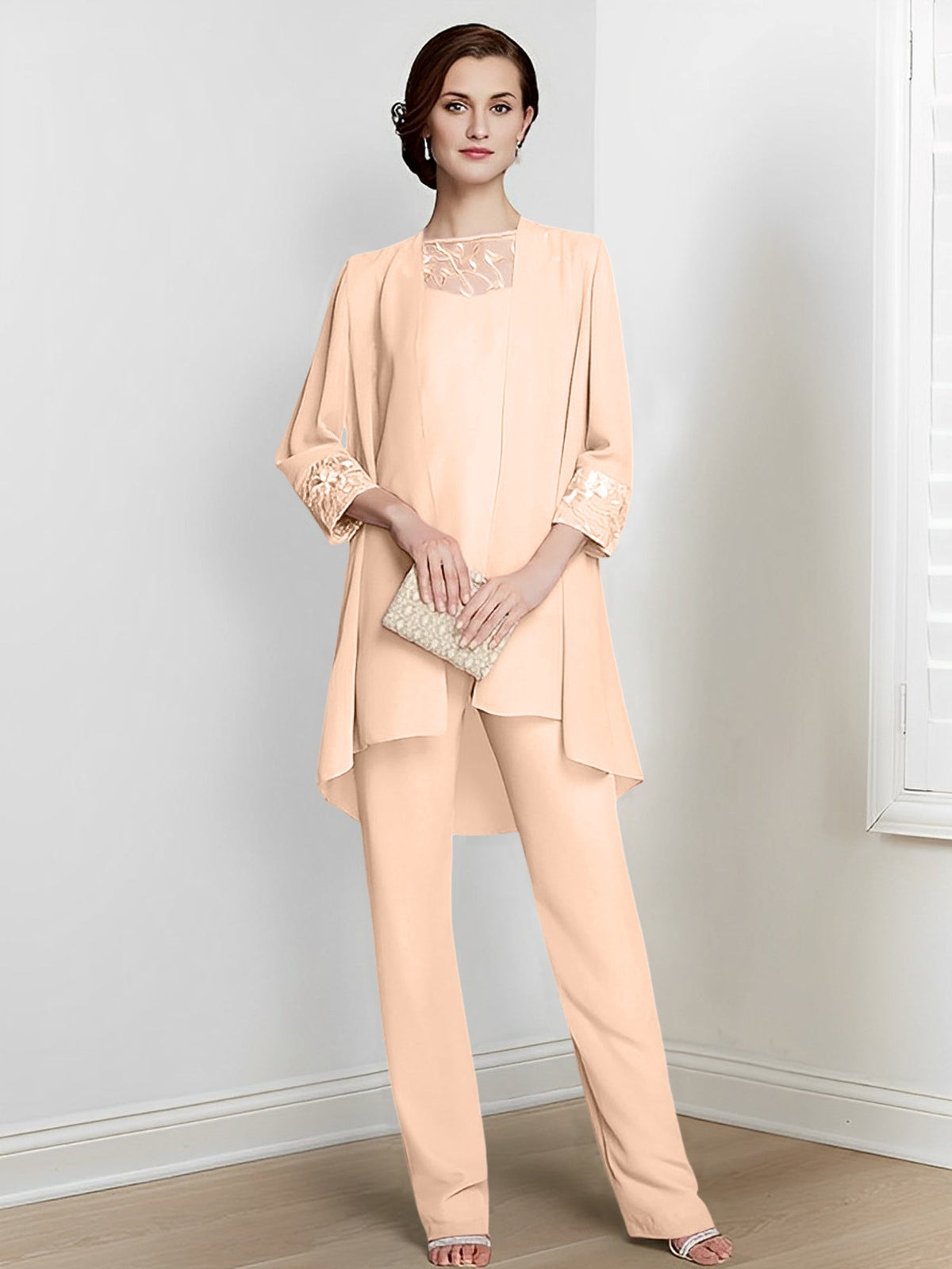 Floor Length Chiffon Pantsuit With Square Neck And Jacket For Mother Of The Bride