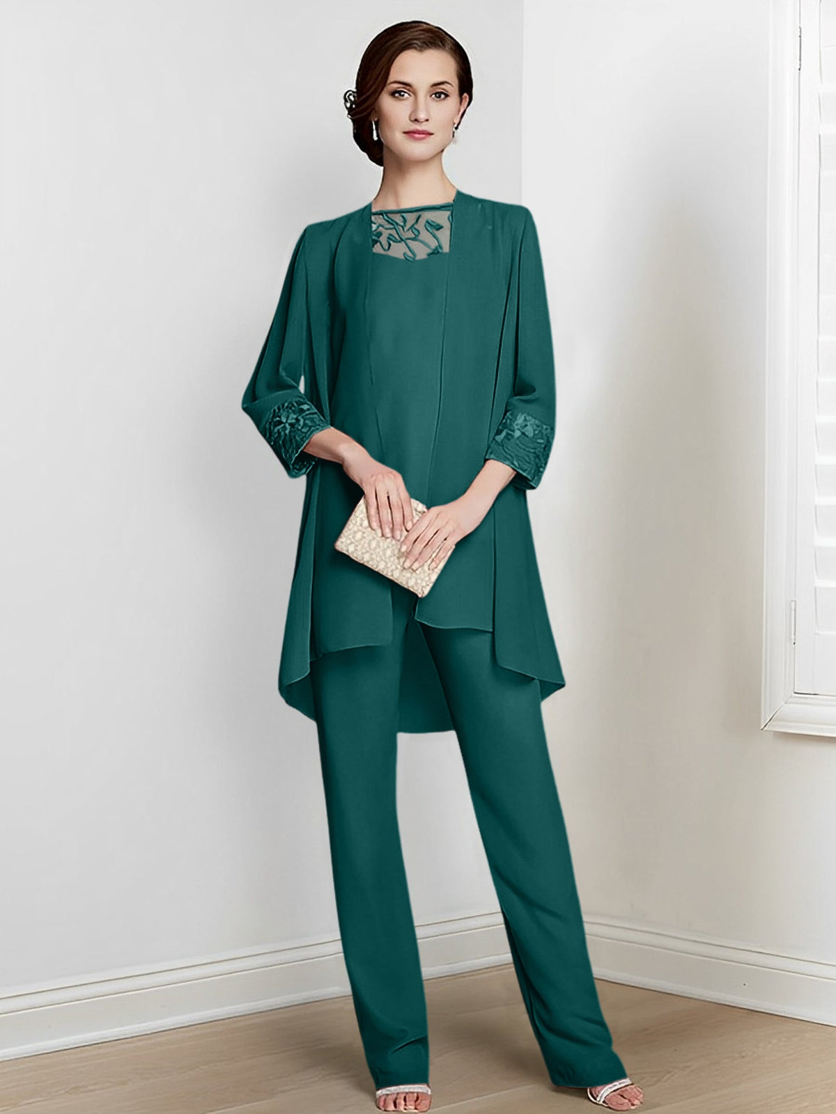 Floor Length Chiffon Pantsuit With Square Neck And Jacket For Mother Of The Bride