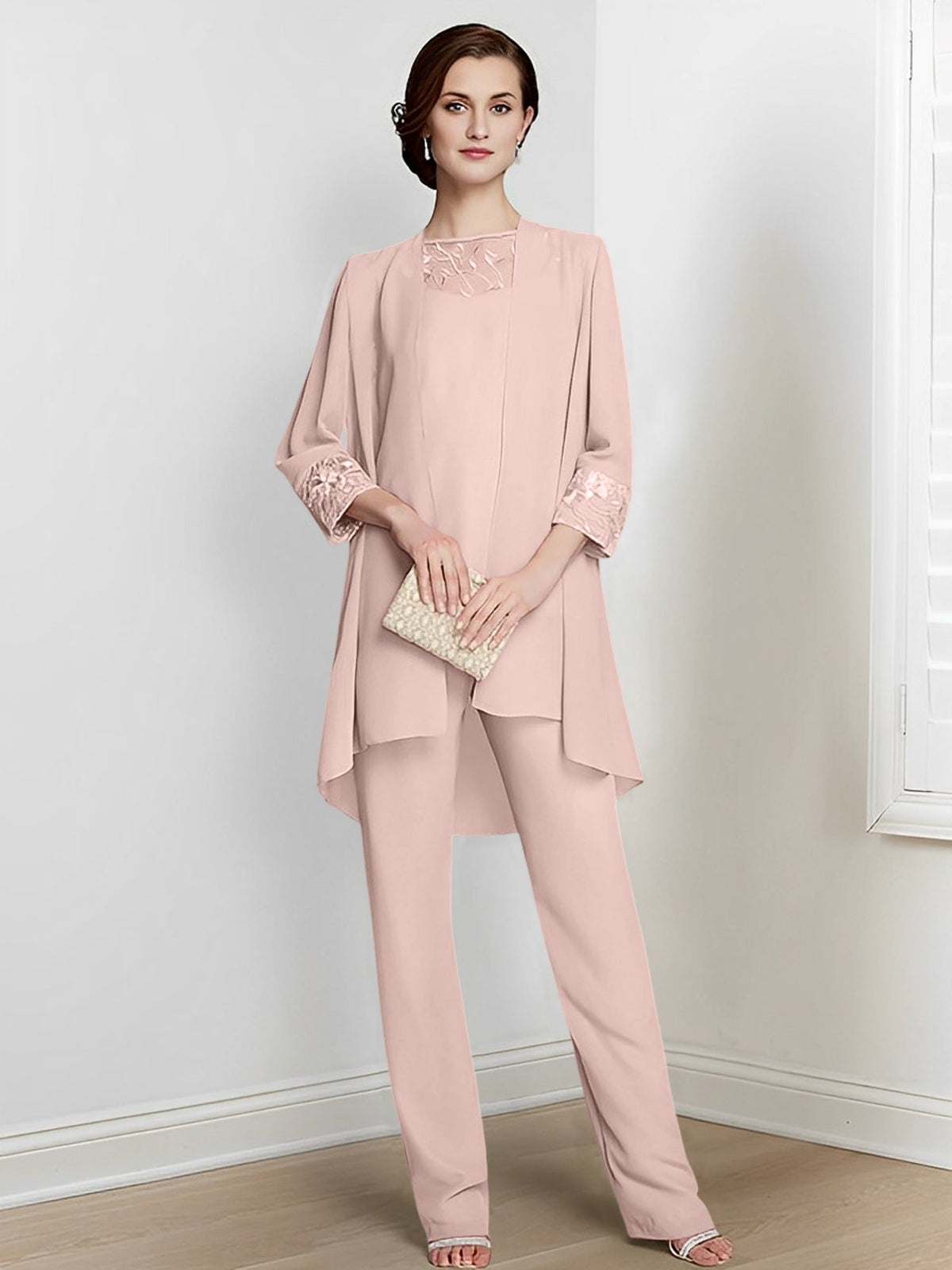 Floor Length Chiffon Pantsuit With Square Neck And Jacket For Mother Of The Bride