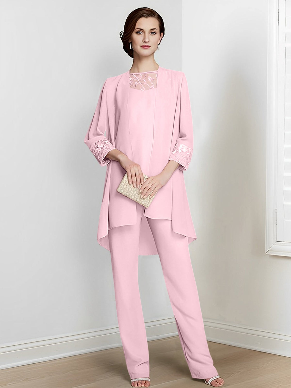 Floor Length Chiffon Pantsuit With Square Neck And Jacket For Mother Of The Bride