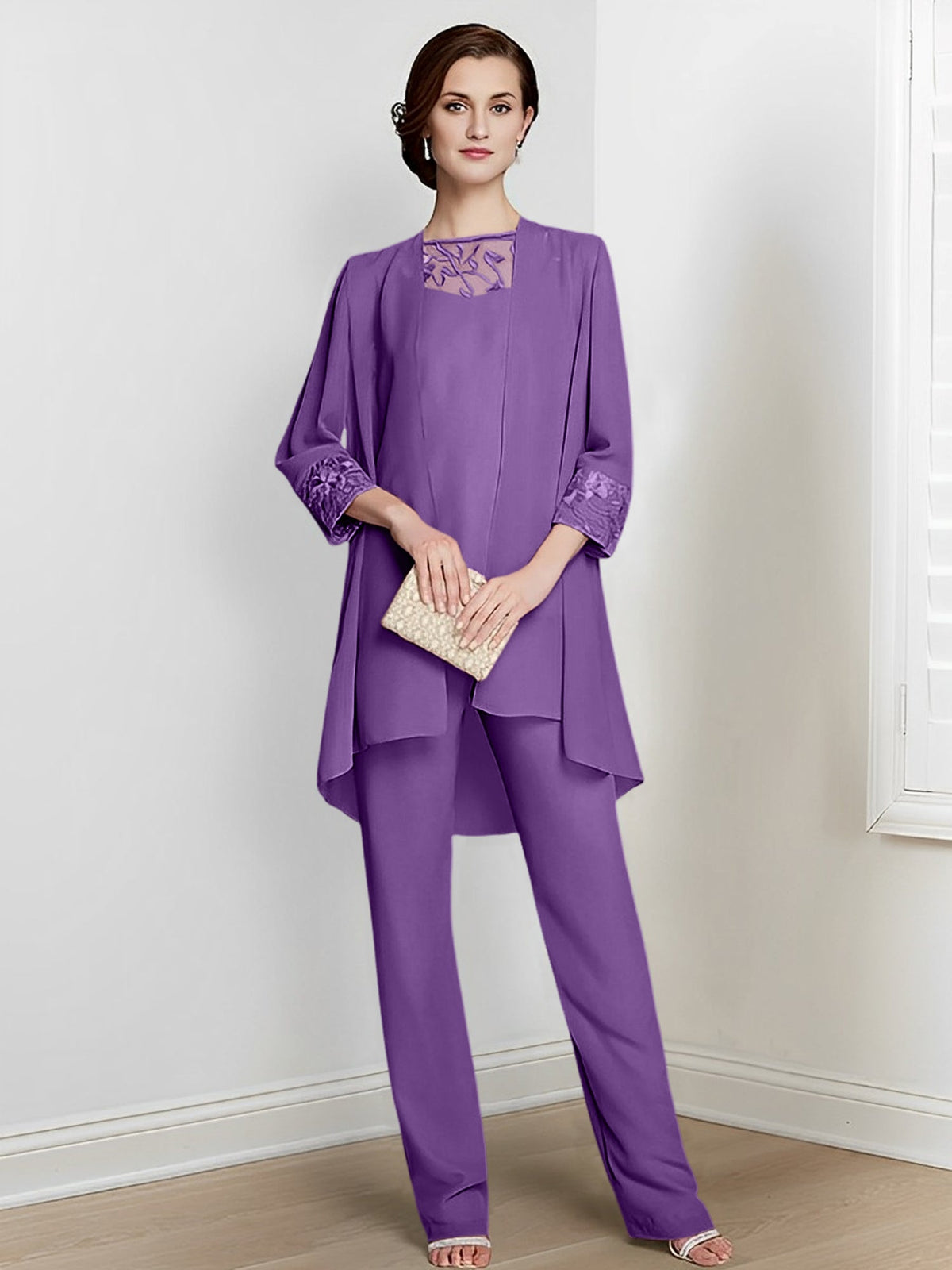 Floor Length Chiffon Pantsuit With Square Neck And Jacket For Mother Of The Bride