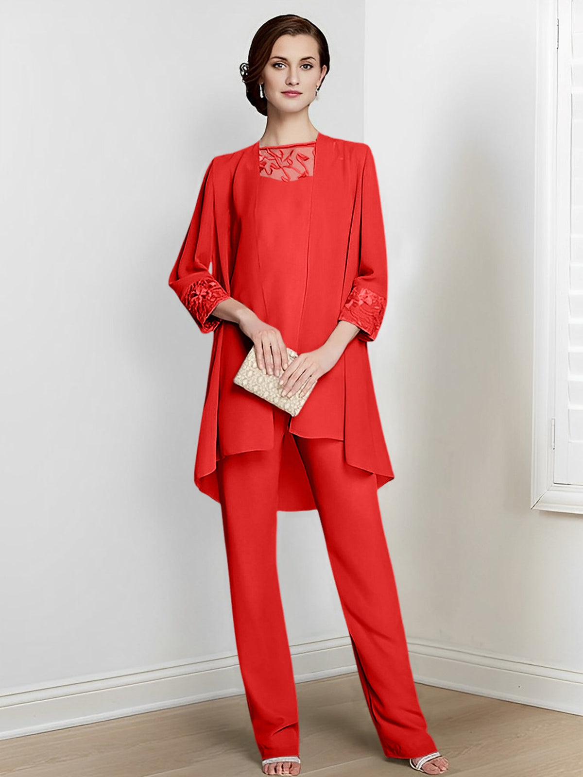 Floor Length Chiffon Pantsuit With Square Neck And Jacket For Mother Of The Bride