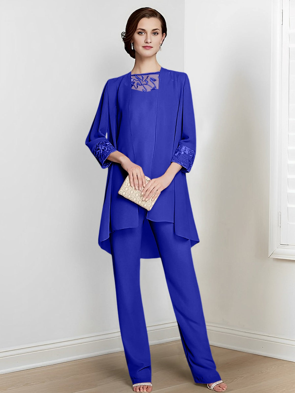 Floor Length Chiffon Pantsuit With Square Neck And Jacket For Mother Of The Bride