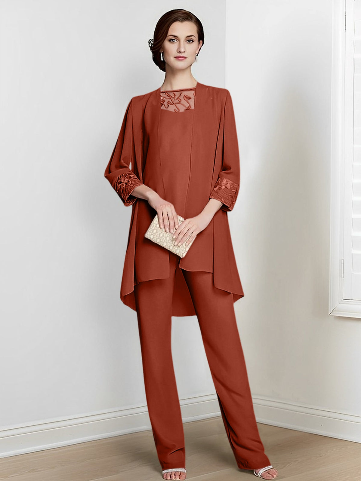 Floor Length Chiffon Pantsuit With Square Neck And Jacket For Mother Of The Bride