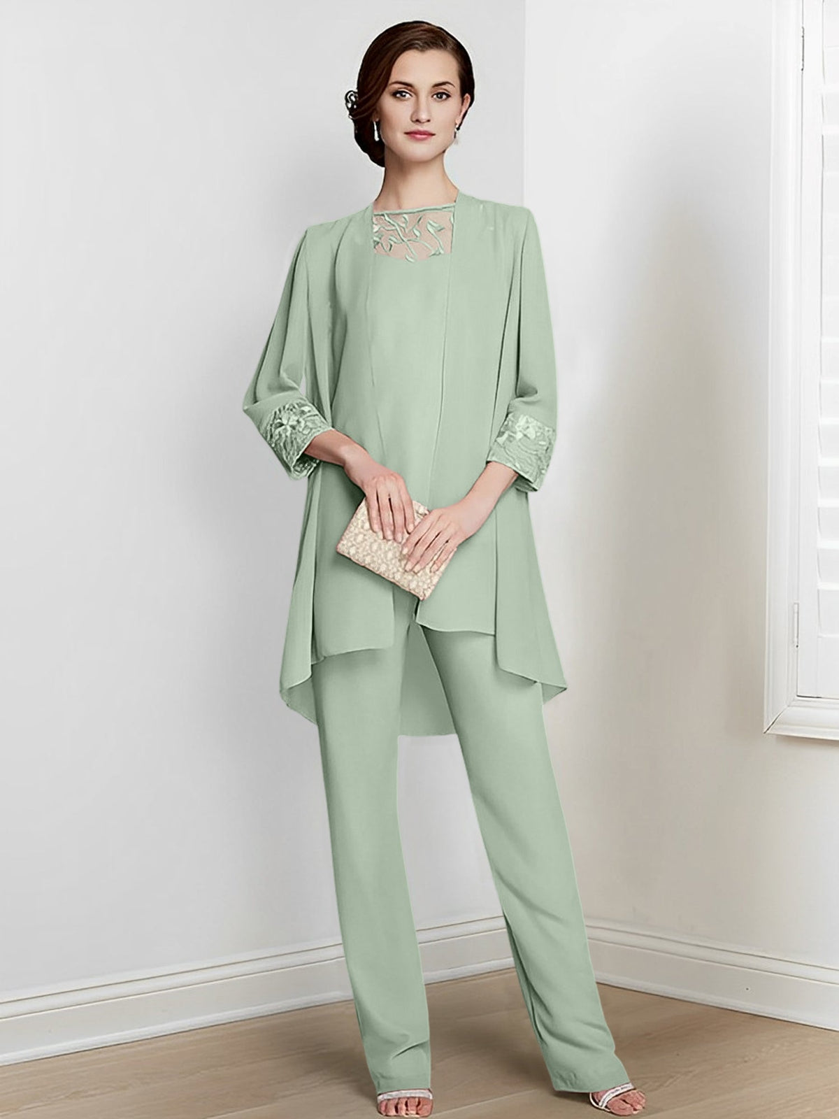Floor Length Chiffon Pantsuit With Square Neck And Jacket For Mother Of The Bride