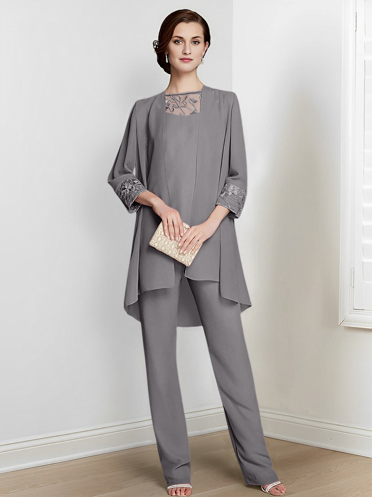 Floor Length Chiffon Pantsuit With Square Neck And Jacket For Mother Of The Bride