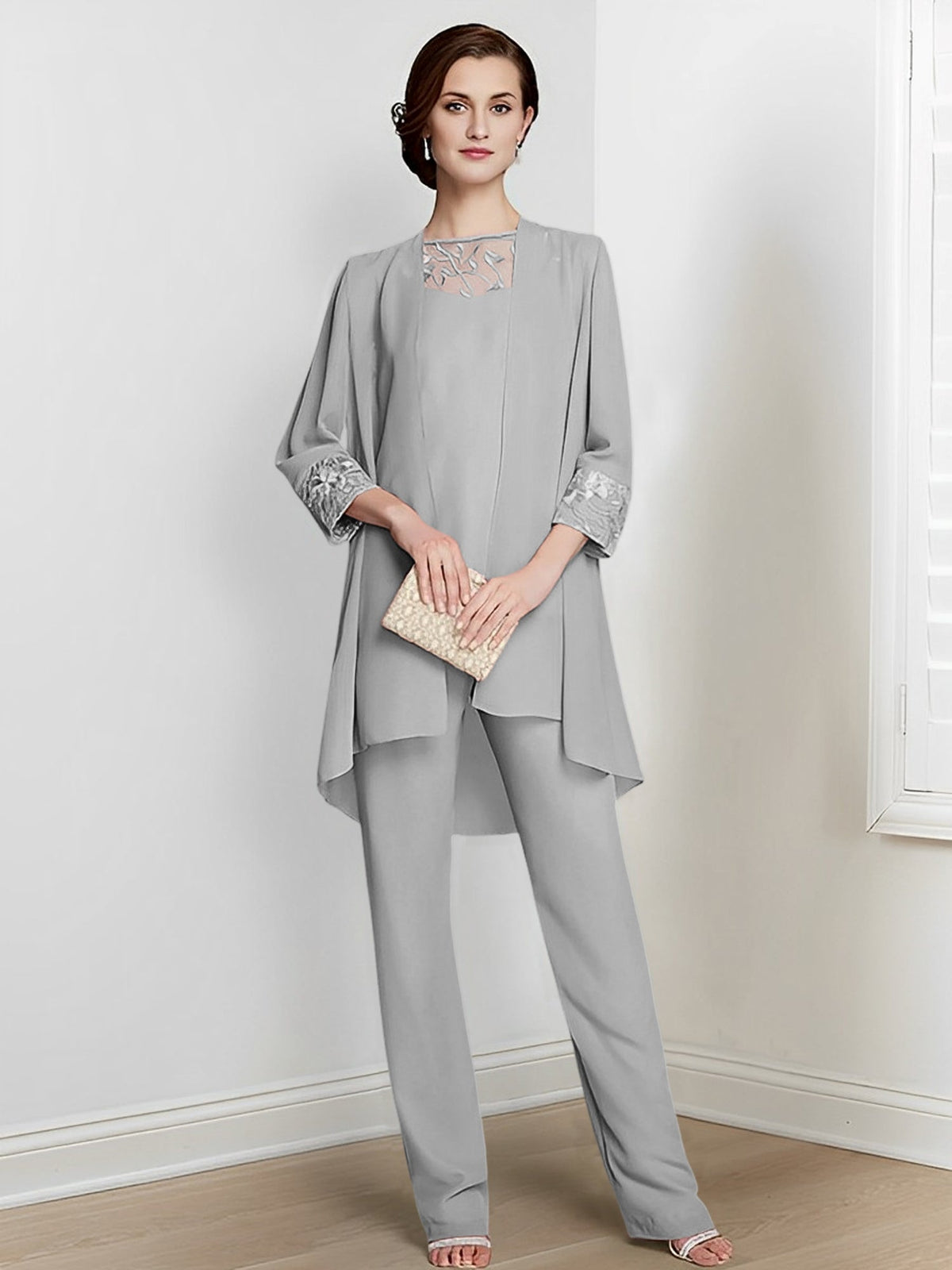 Floor Length Chiffon Pantsuit With Square Neck And Jacket For Mother Of The Bride
