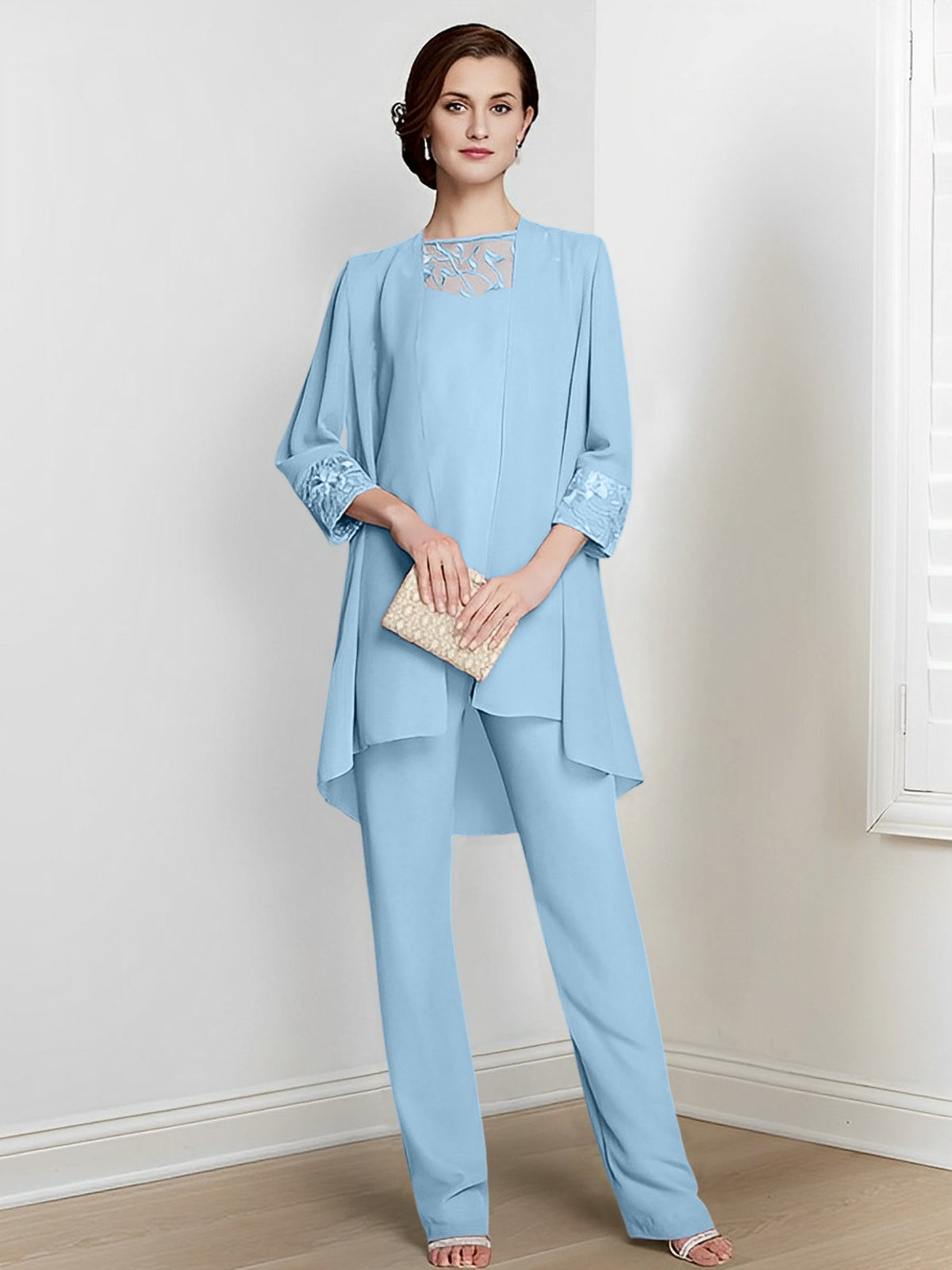 Floor Length Chiffon Pantsuit With Square Neck And Jacket For Mother Of The Bride