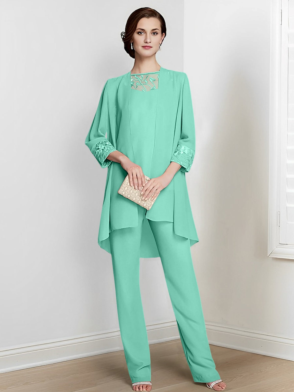 Floor Length Chiffon Pantsuit With Square Neck And Jacket For Mother Of The Bride