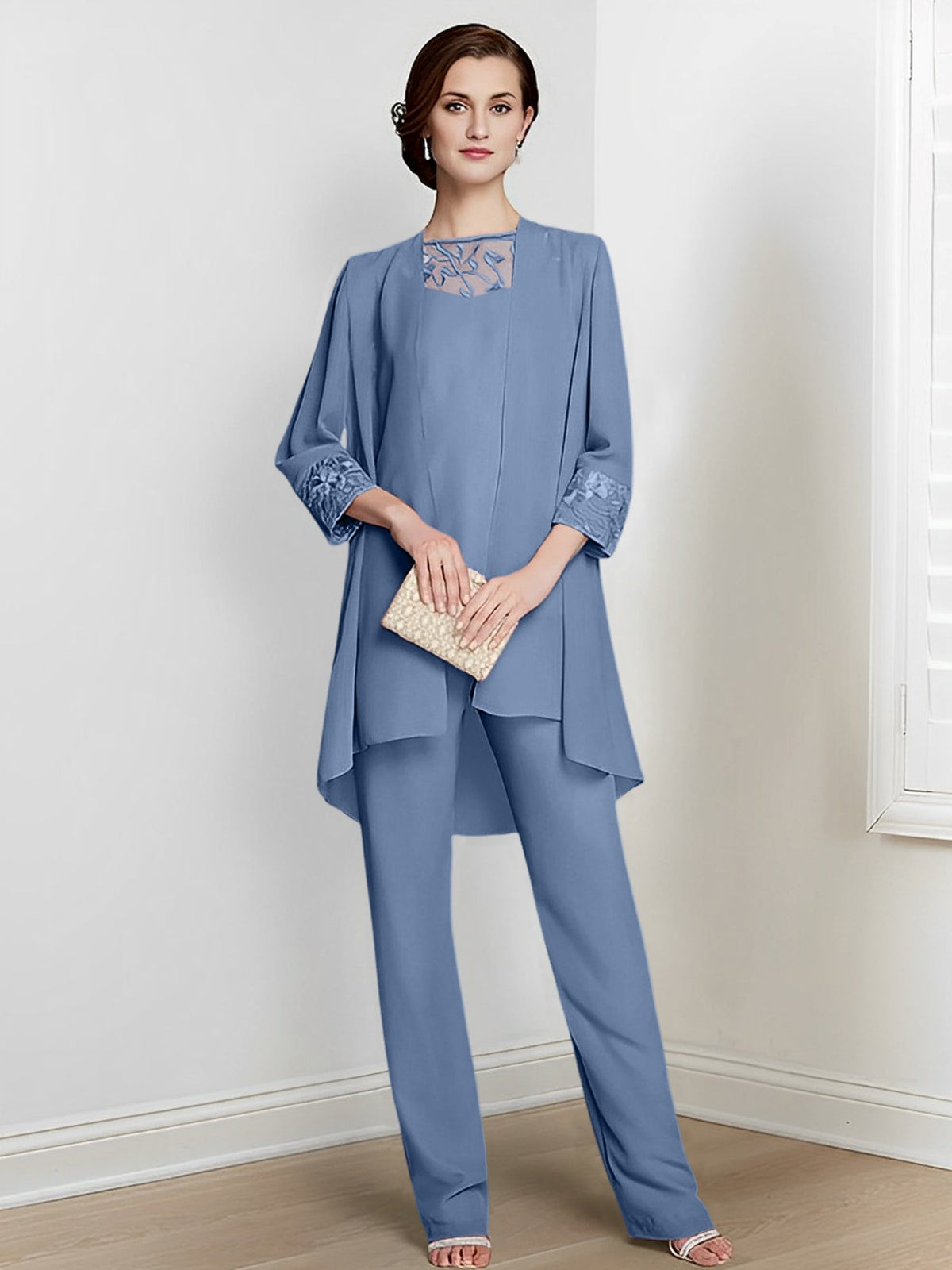 Floor Length Chiffon Pantsuit With Square Neck And Jacket For Mother Of The Bride