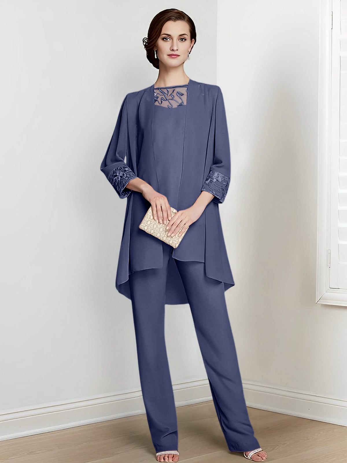 Floor Length Chiffon Pantsuit With Square Neck And Jacket For Mother Of The Bride