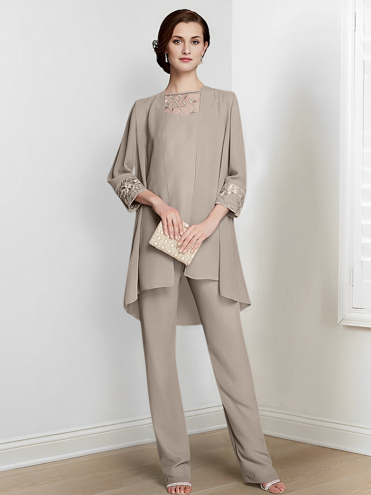 Floor Length Chiffon Pantsuit With Square Neck And Jacket For Mother Of The Bride