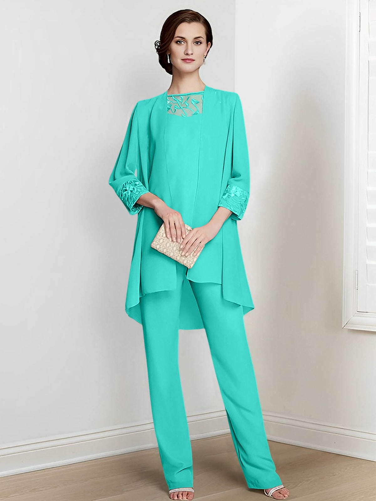 Floor Length Chiffon Pantsuit With Square Neck And Jacket For Mother Of The Bride