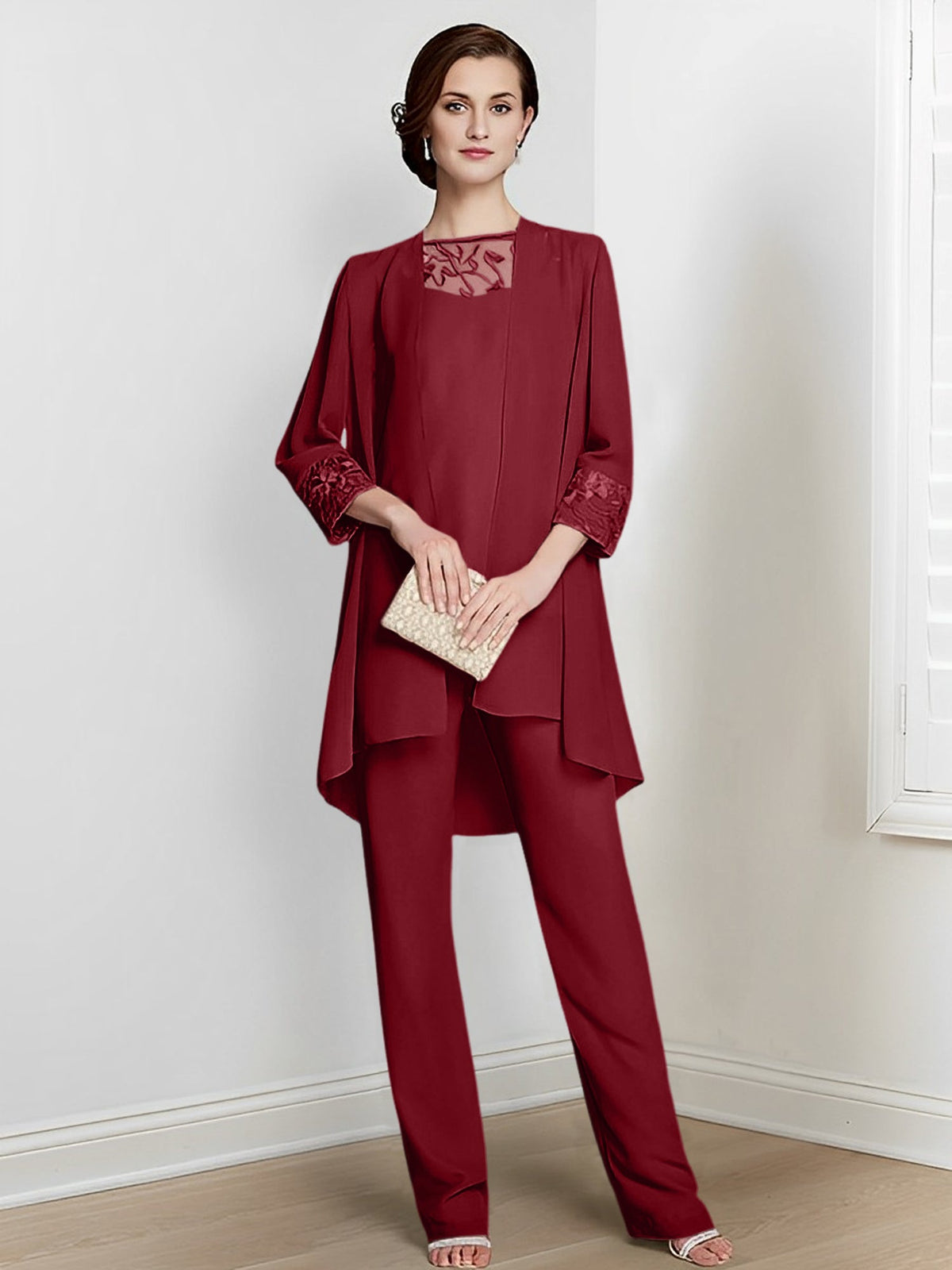 Floor Length Chiffon Pantsuit With Square Neck And Jacket For Mother Of The Bride