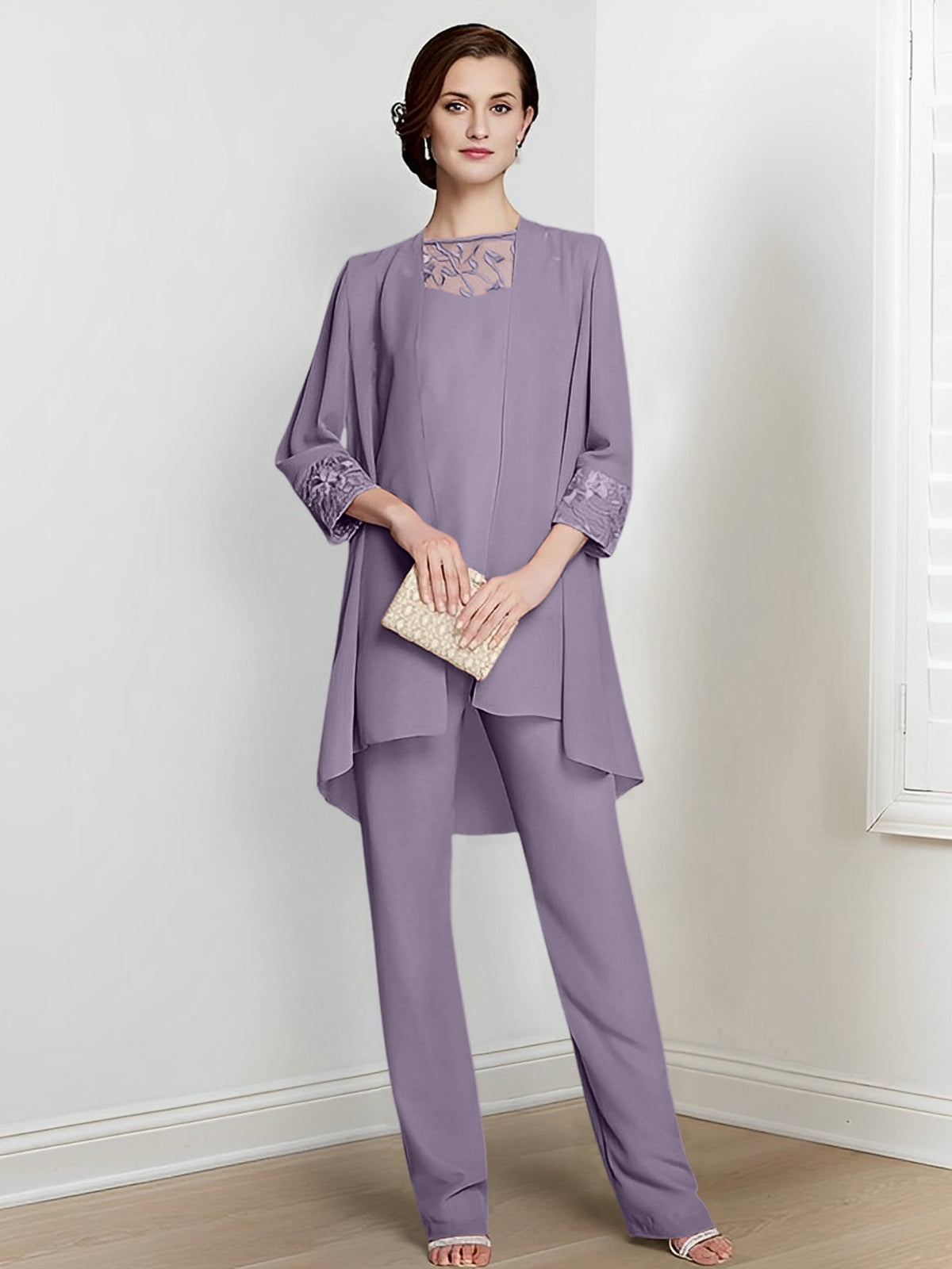 Floor Length Chiffon Pantsuit With Square Neck And Jacket For Mother Of The Bride