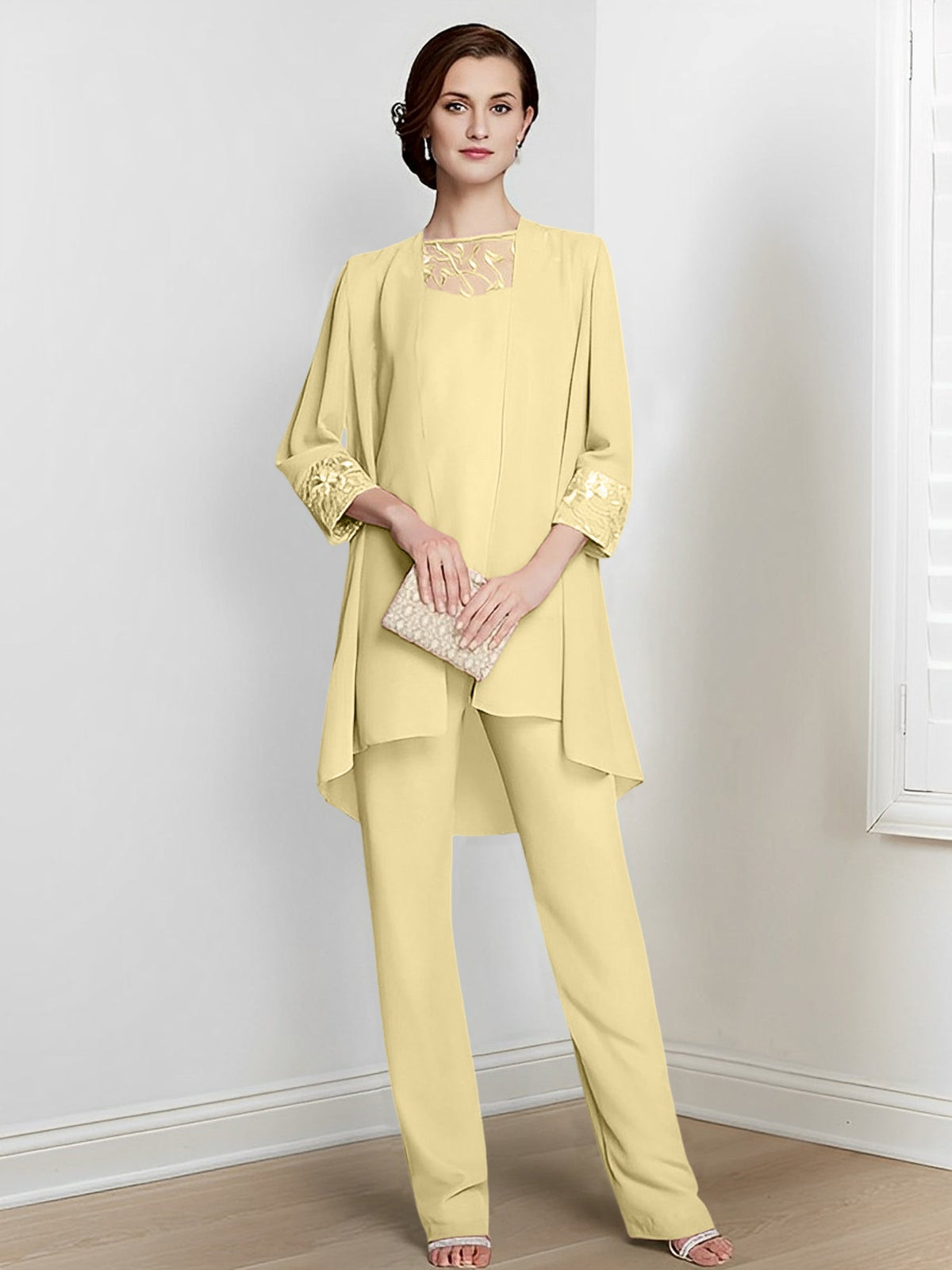 Floor Length Chiffon Pantsuit With Square Neck And Jacket For Mother Of The Bride