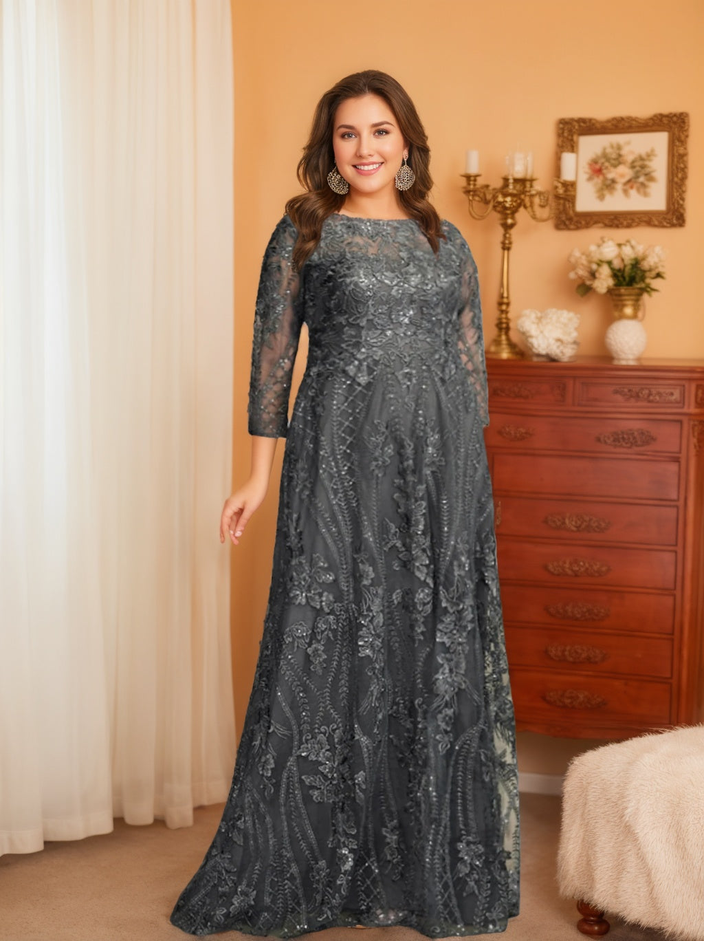 Long Sleeve A Line Mother Of The Bride Dress With Applique