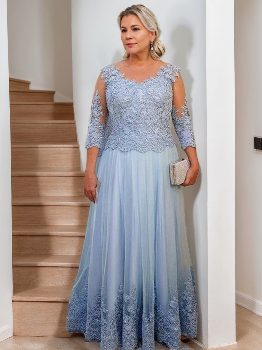 Floor Length A Line Mother Of The Bride Dress Sheer Neck Three Quarter Sleeves