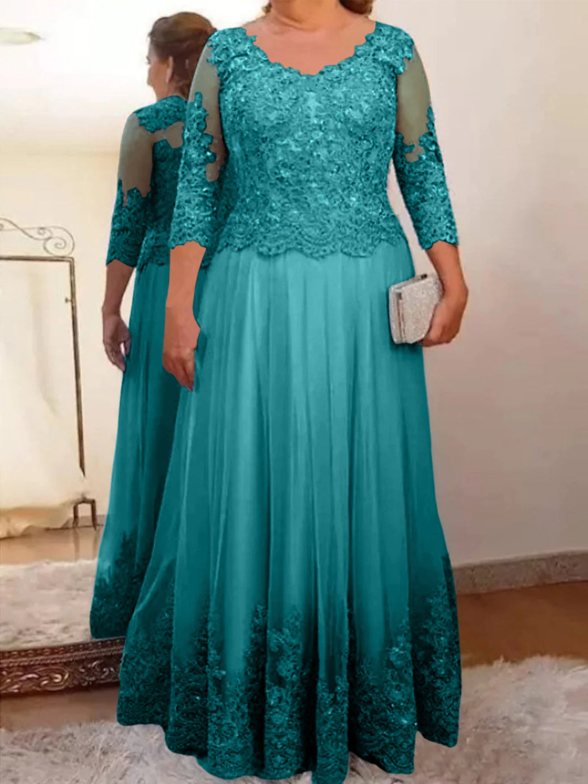 Floor Length A Line Mother Of The Bride Dress Sheer Neck Three Quarter Sleeves