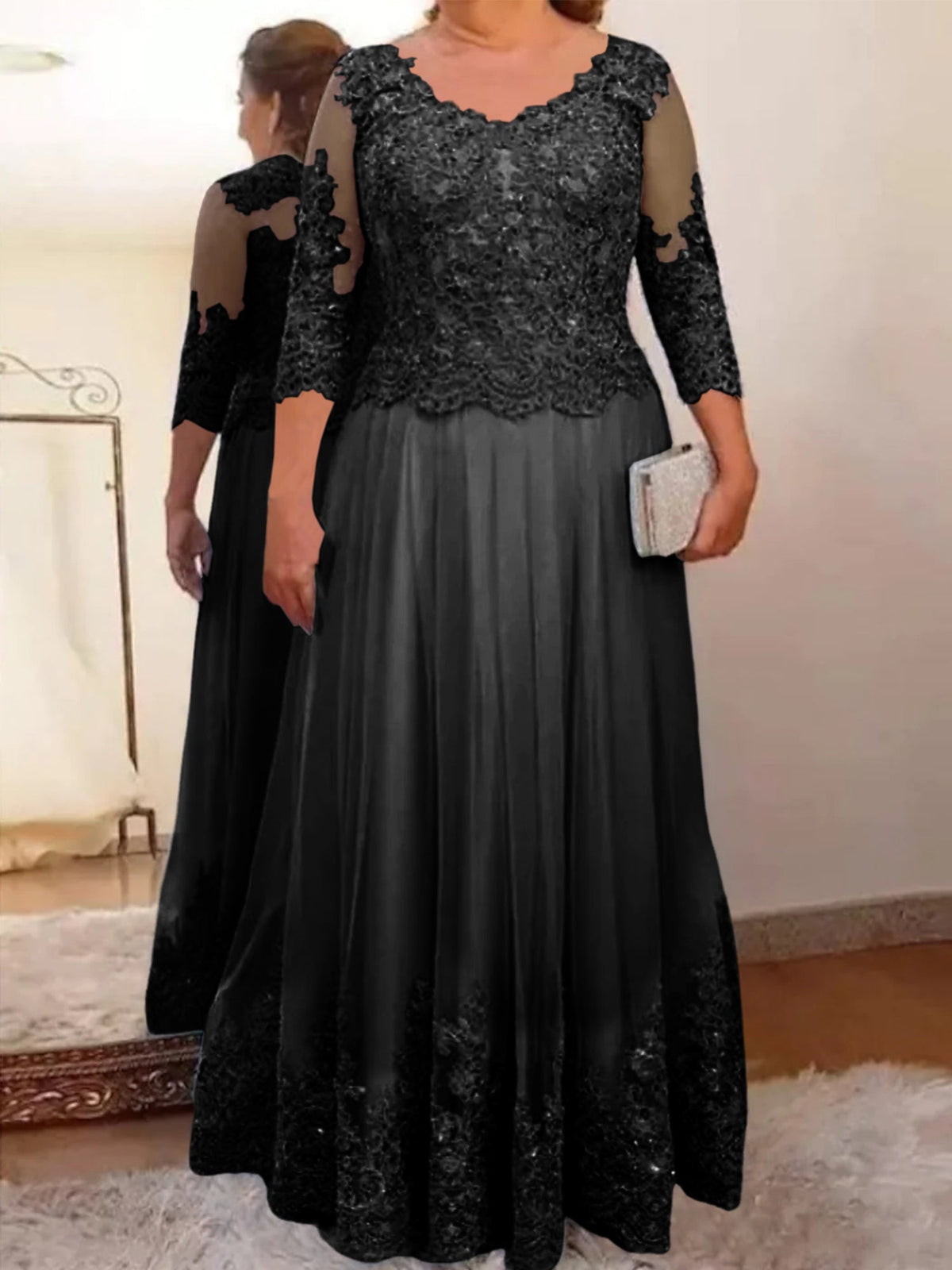 Floor Length A Line Mother Of The Bride Dress Sheer Neck Three Quarter Sleeves