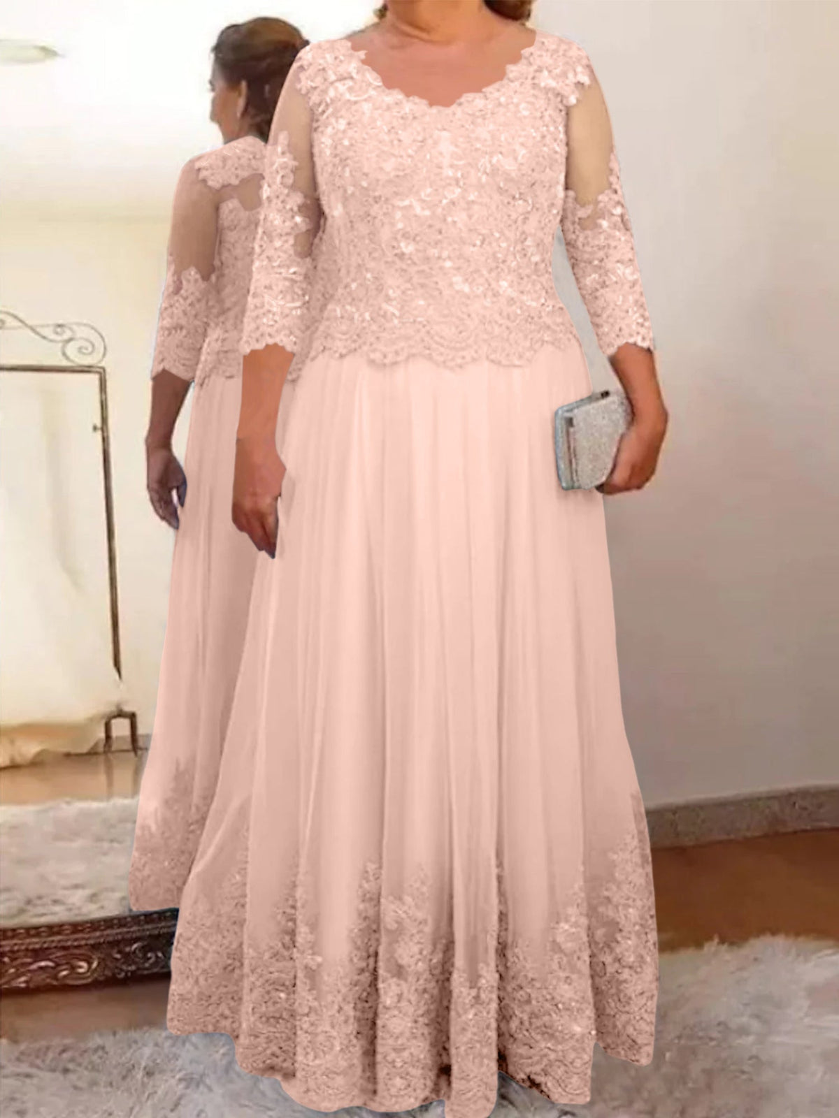 Floor Length A Line Mother Of The Bride Dress Sheer Neck Three Quarter Sleeves