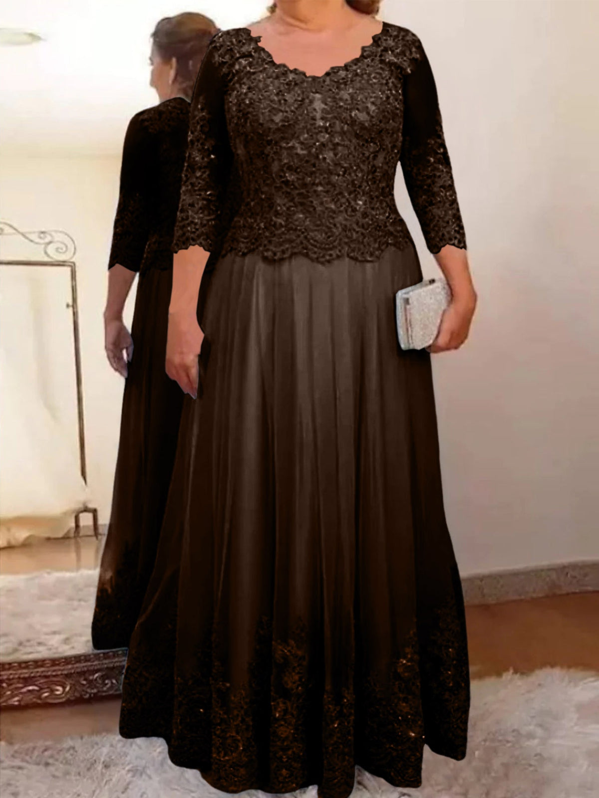 Floor Length A Line Mother Of The Bride Dress Sheer Neck Three Quarter Sleeves