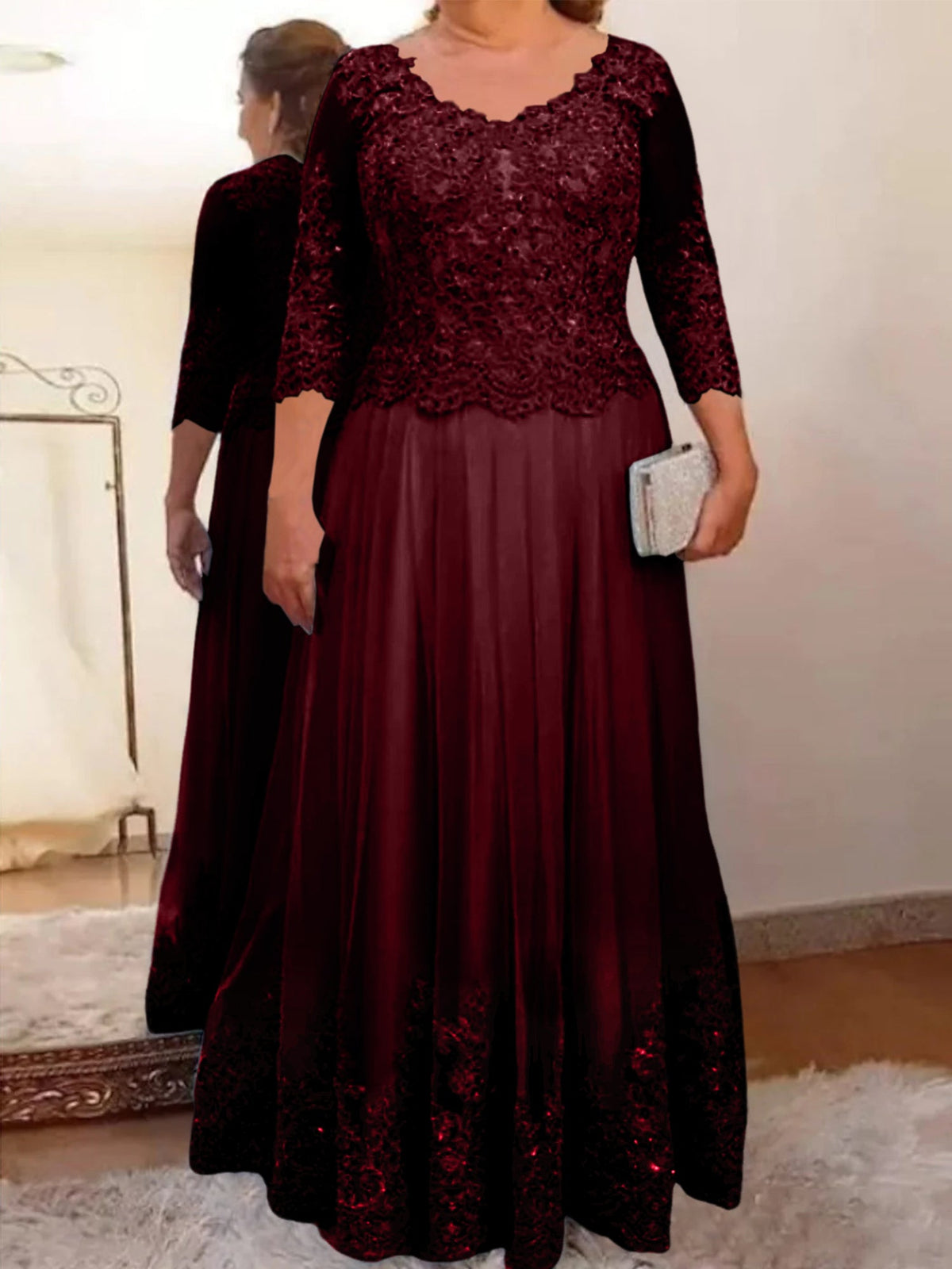 Floor Length A Line Mother Of The Bride Dress Sheer Neck Three Quarter Sleeves