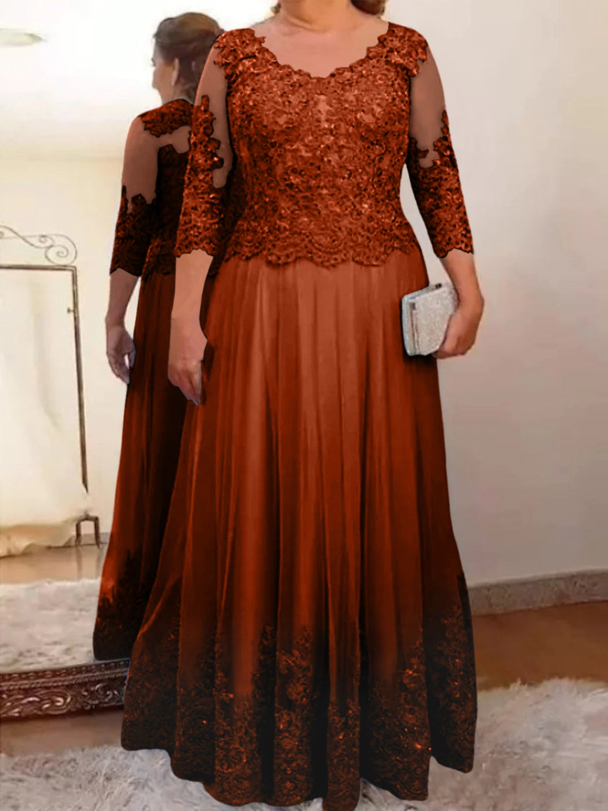 Floor Length A Line Mother Of The Bride Dress Sheer Neck Three Quarter Sleeves