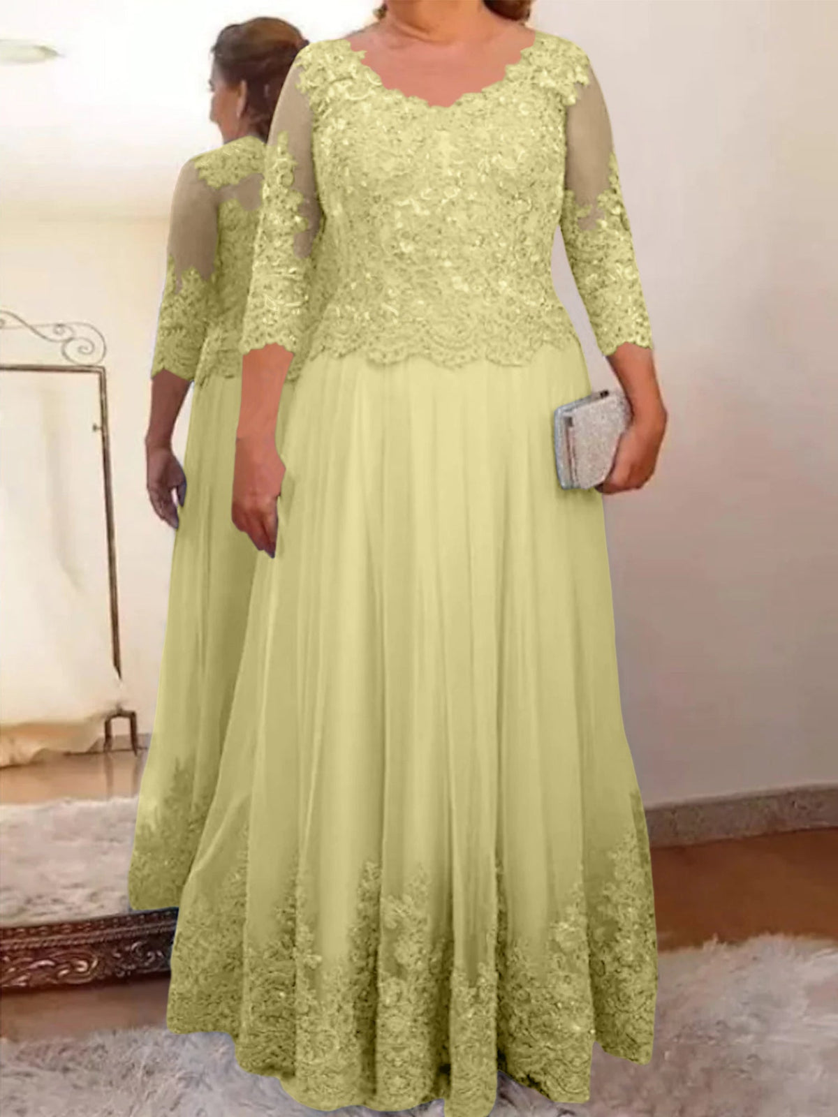 Floor Length A Line Mother Of The Bride Dress Sheer Neck Three Quarter Sleeves