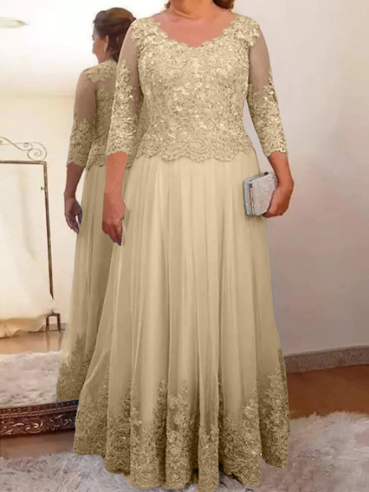 Floor Length A Line Mother Of The Bride Dress Sheer Neck Three Quarter Sleeves