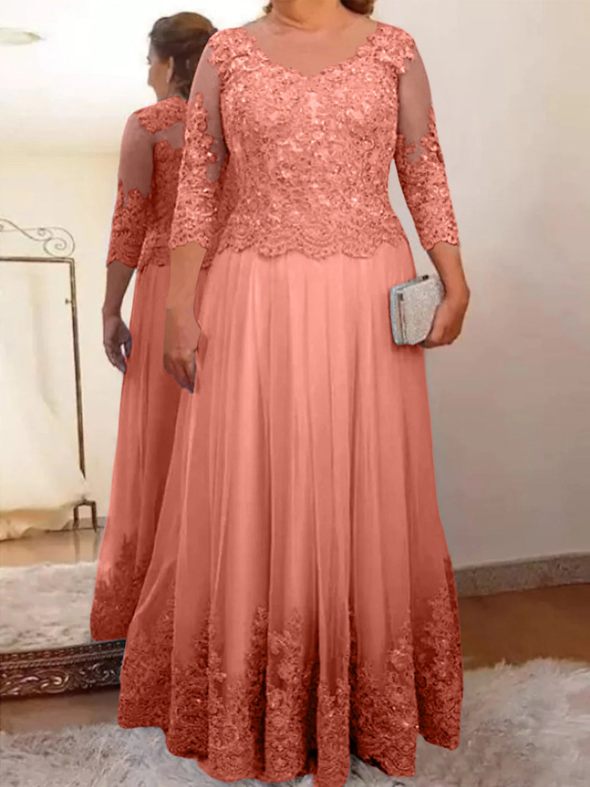 Floor Length A Line Mother Of The Bride Dress Sheer Neck Three Quarter Sleeves