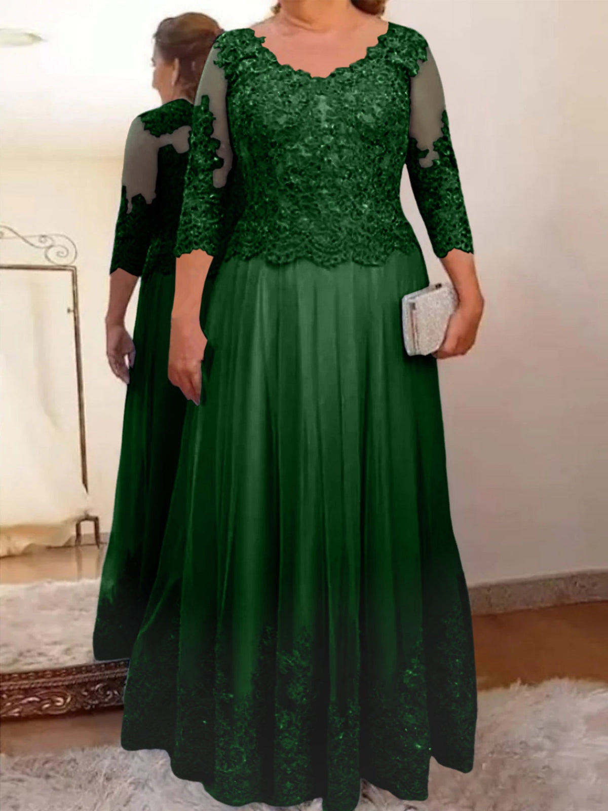 Floor Length A Line Mother Of The Bride Dress Sheer Neck Three Quarter Sleeves