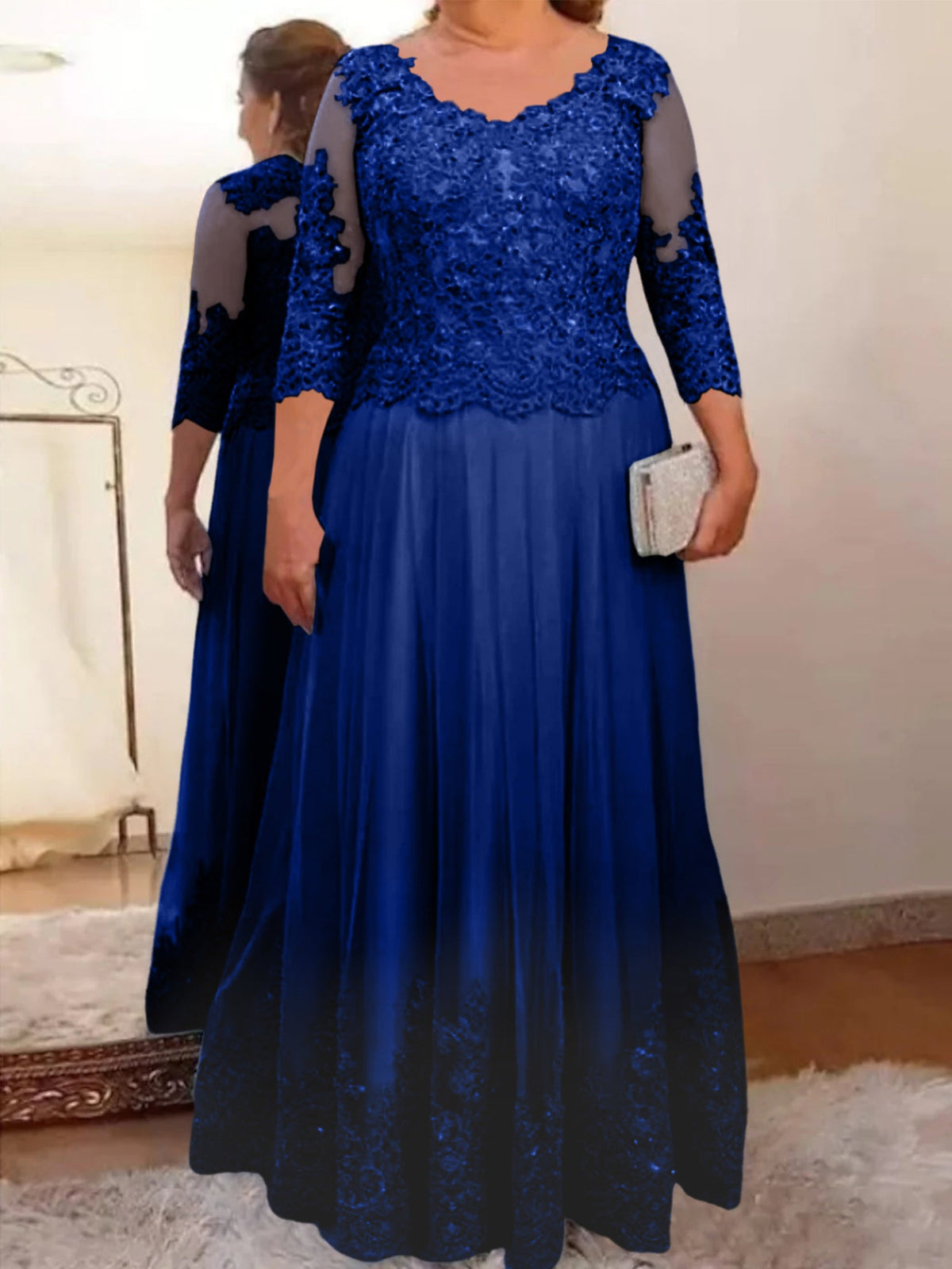 Floor Length A Line Mother Of The Bride Dress Sheer Neck Three Quarter Sleeves