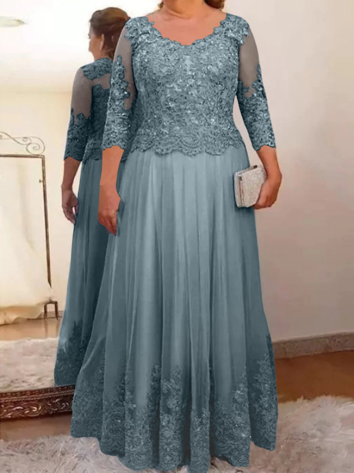 Floor Length A Line Mother Of The Bride Dress Sheer Neck Three Quarter Sleeves
