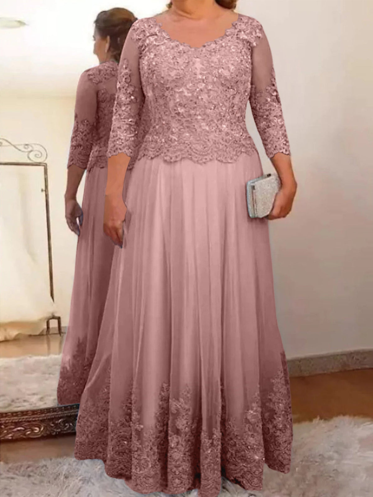 Floor Length A Line Mother Of The Bride Dress Sheer Neck Three Quarter Sleeves