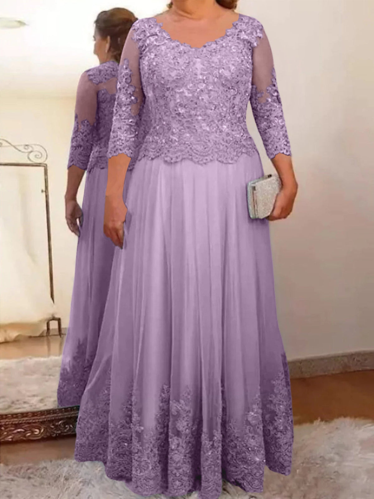 Floor Length A Line Mother Of The Bride Dress Sheer Neck Three Quarter Sleeves